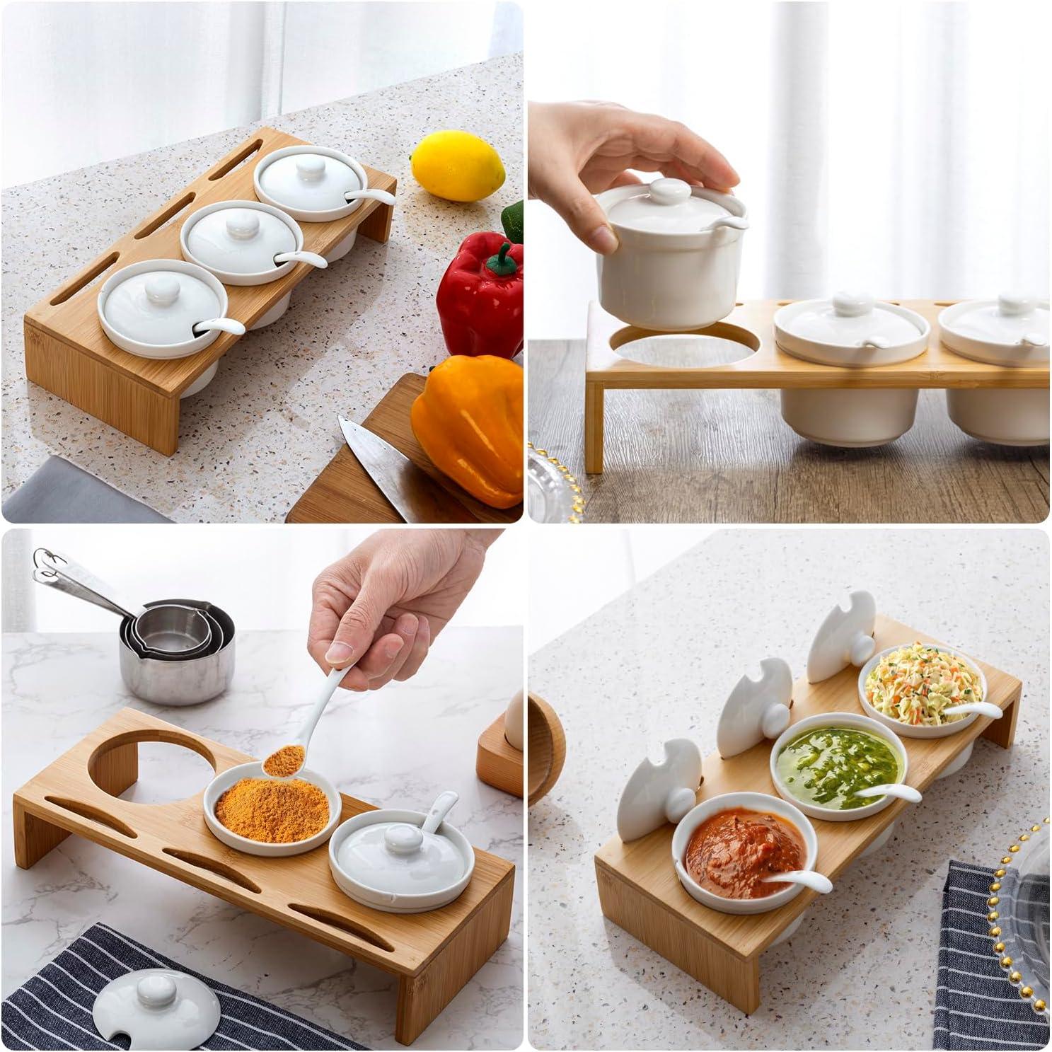 Stack man 10 Piece Condiment Pot Serving Set Includes Premium Solid Bamboo Wood Raised Display Server Tray And 3 Ceramic Ramekin Dip Bowls With Lids And Spoons