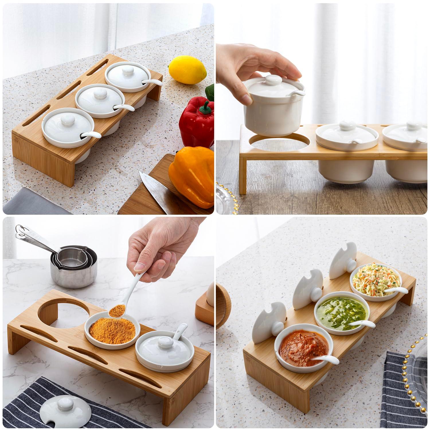 Stack man 10 Piece Condiment Pot Serving Set Includes Premium Solid Bamboo Wood Raised Display Server Tray And 3 Ceramic Ramekin Dip Bowls With Lids And Spoons
