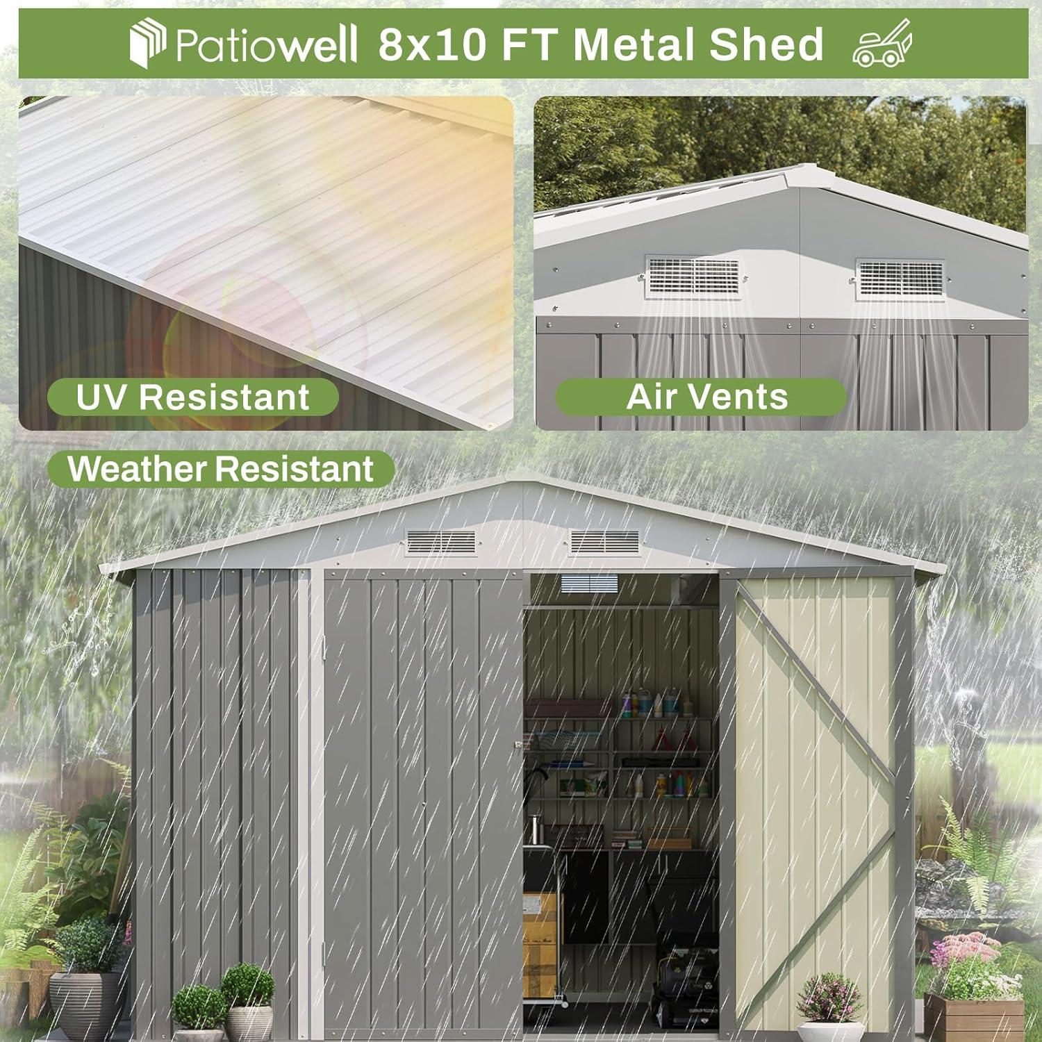 Patiowell  10 x 8 ft. Outdoor Storage Metal Shed with Sloping Roof and Double Lockable Door, Gray