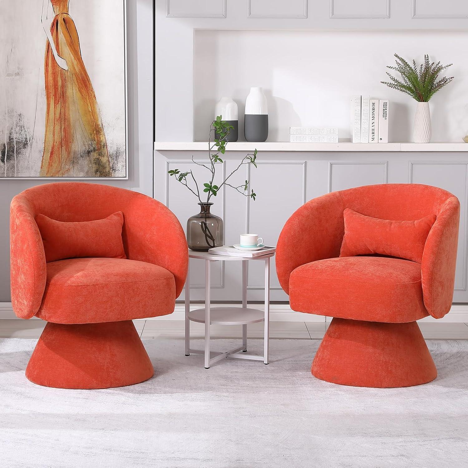 Orange Linen Swivel Barrel Chair with Pillow