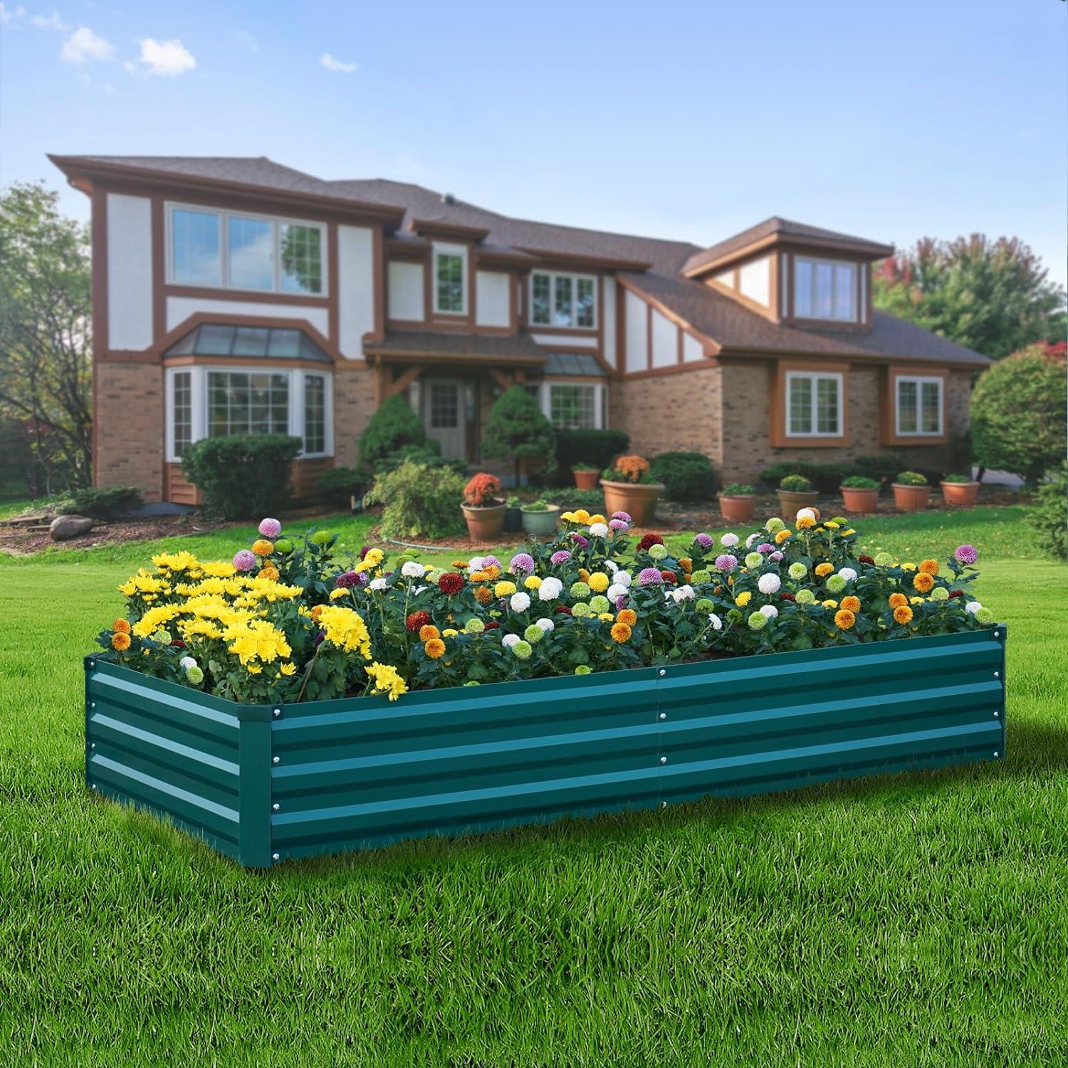 Green Galvanized Steel Outdoor Raised Garden Bed, 8x4x1FT