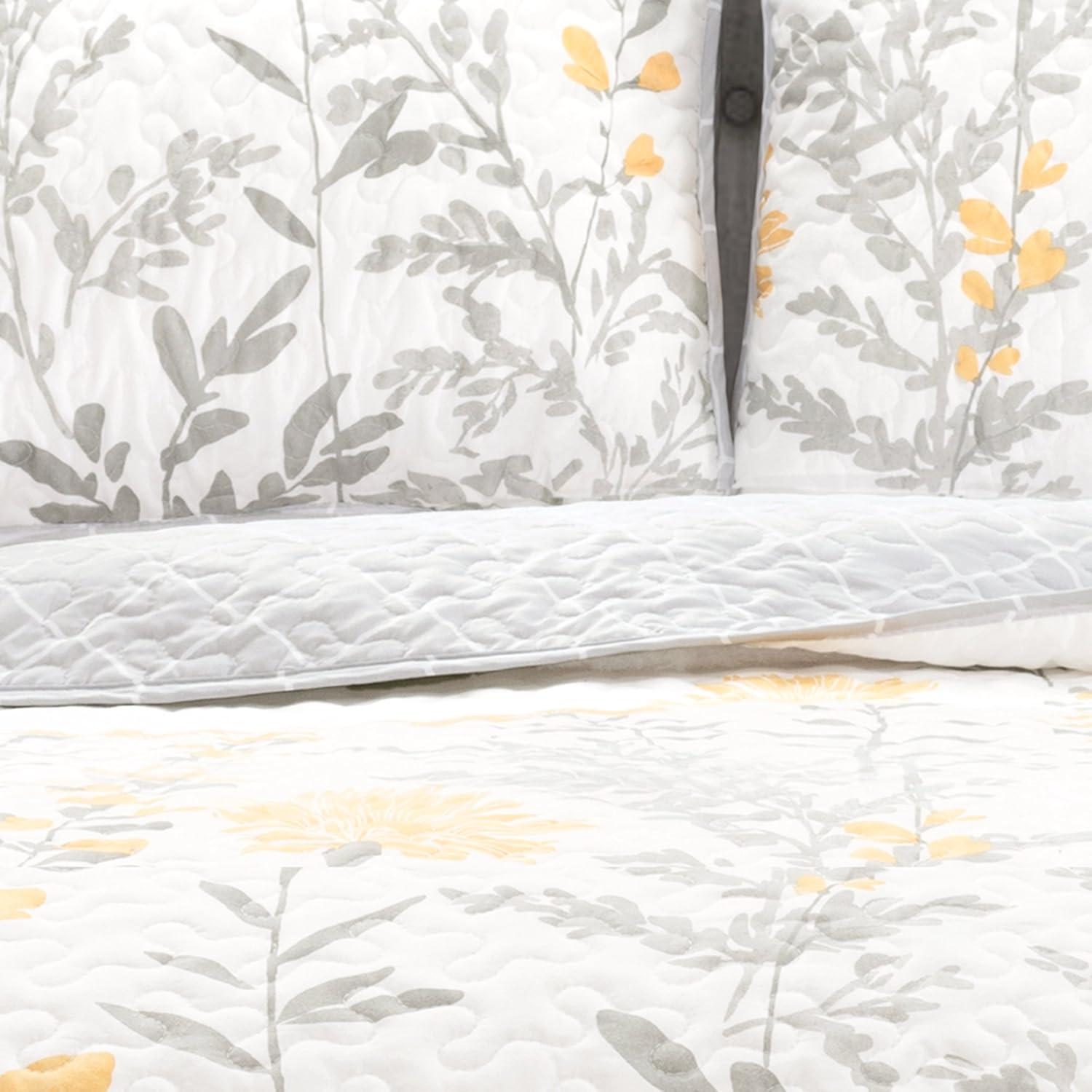 Yellow and Gray Reversible Floral King Microfiber Quilt Set