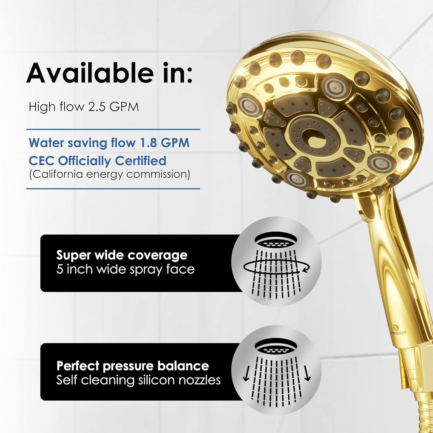 Polished Brass Handheld Shower Head with 6 Spray Settings