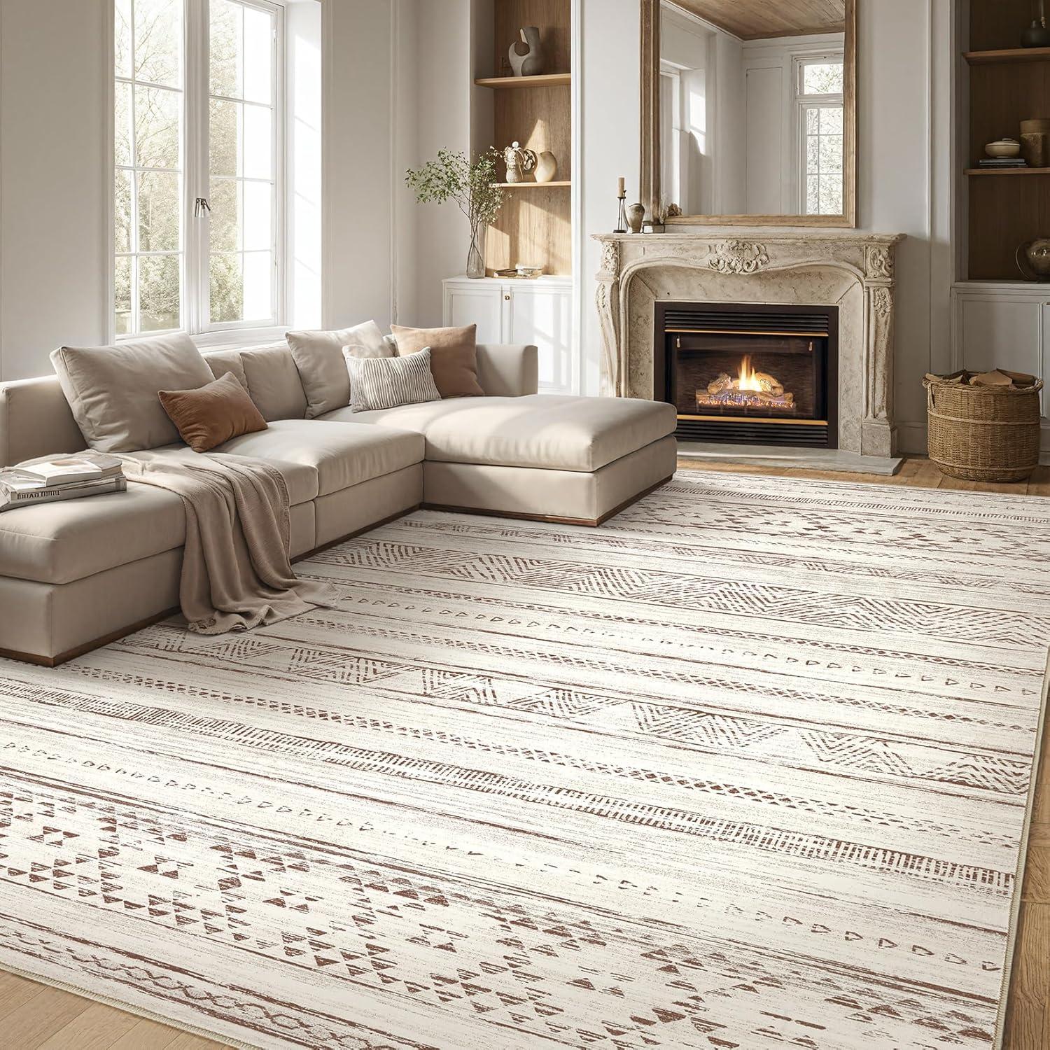 6x9 Area Rug Living Room Rugs - Washable Large Soft Neutral Boho Moroccan Bohemian Farmhouse Rug Indoor Floor Carpet for Bedroom Under Dining Table Home Office Decor - Cream Brown