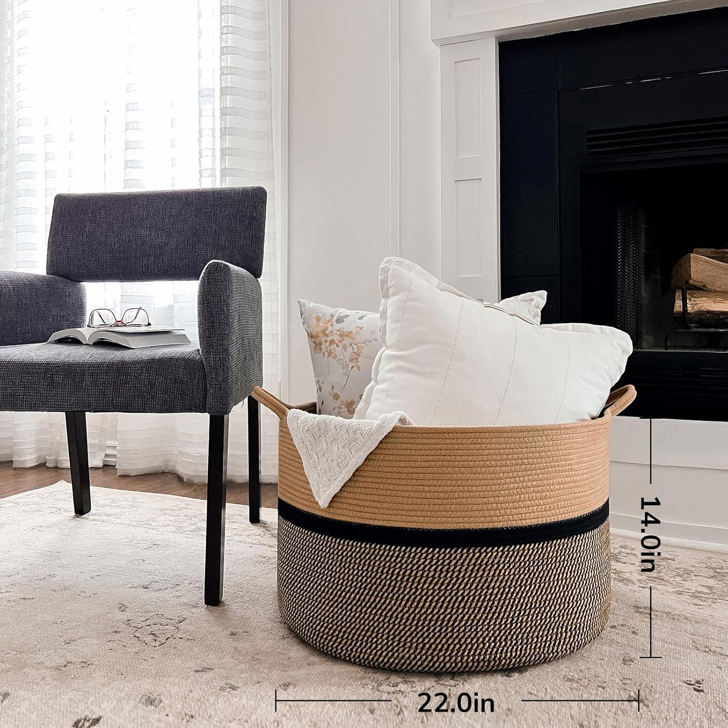 Extra Large Beige and Black Cotton Rope Storage Basket