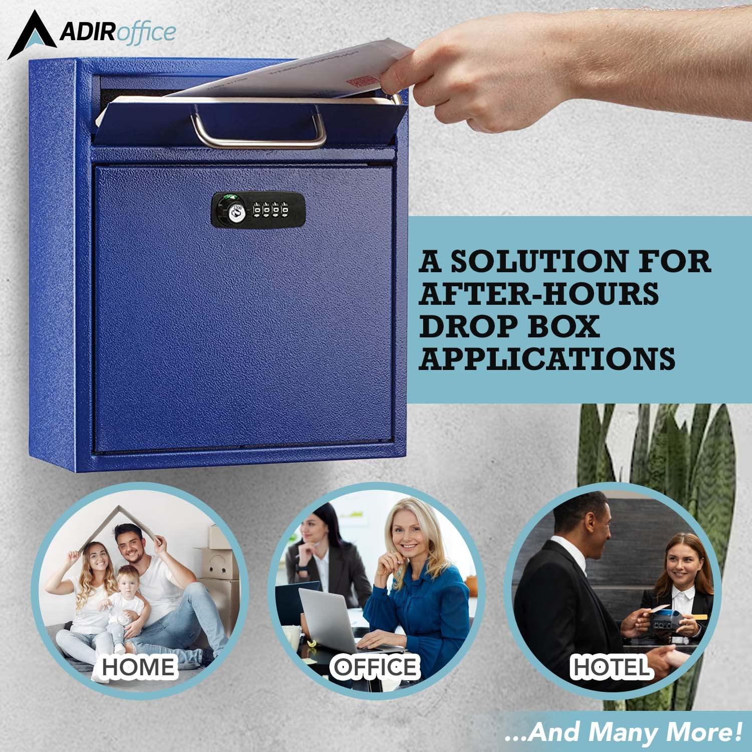 AdirOffice Ultimate Drop Box Wall-Mounted Mailbox - Hanging Secured Postbox - Durable Spacious Key or Combination Lock Box Great for After Hours Deposits Payments Key and Letter Drops (Medium, Blue)