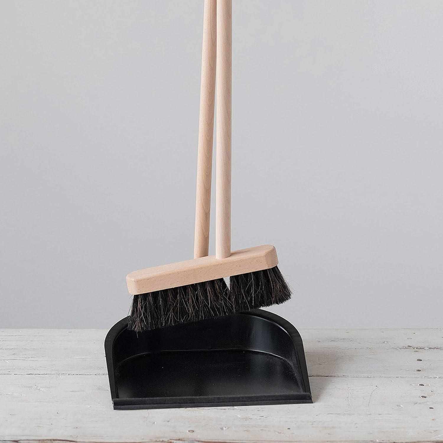 Creative Co-Op Beech Wood Broom & Standing Metal Dust Pan, Natural & Black, Set of 2