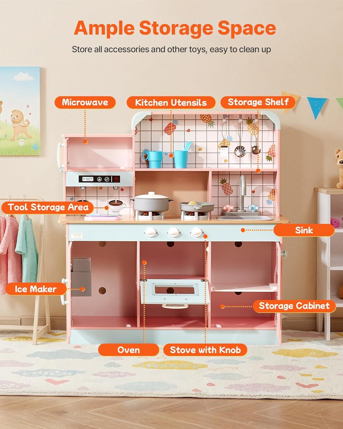 VEVOR Play Kitchen for Kids, Wooden Toy Kitchen Set with Lights and Sounds, Toddler Kitchen with Ice Maker, Oven, Sink, Microwaves, Fridge and Utensil and Fruit Accessory for Toddlers ages 3-8, Pink