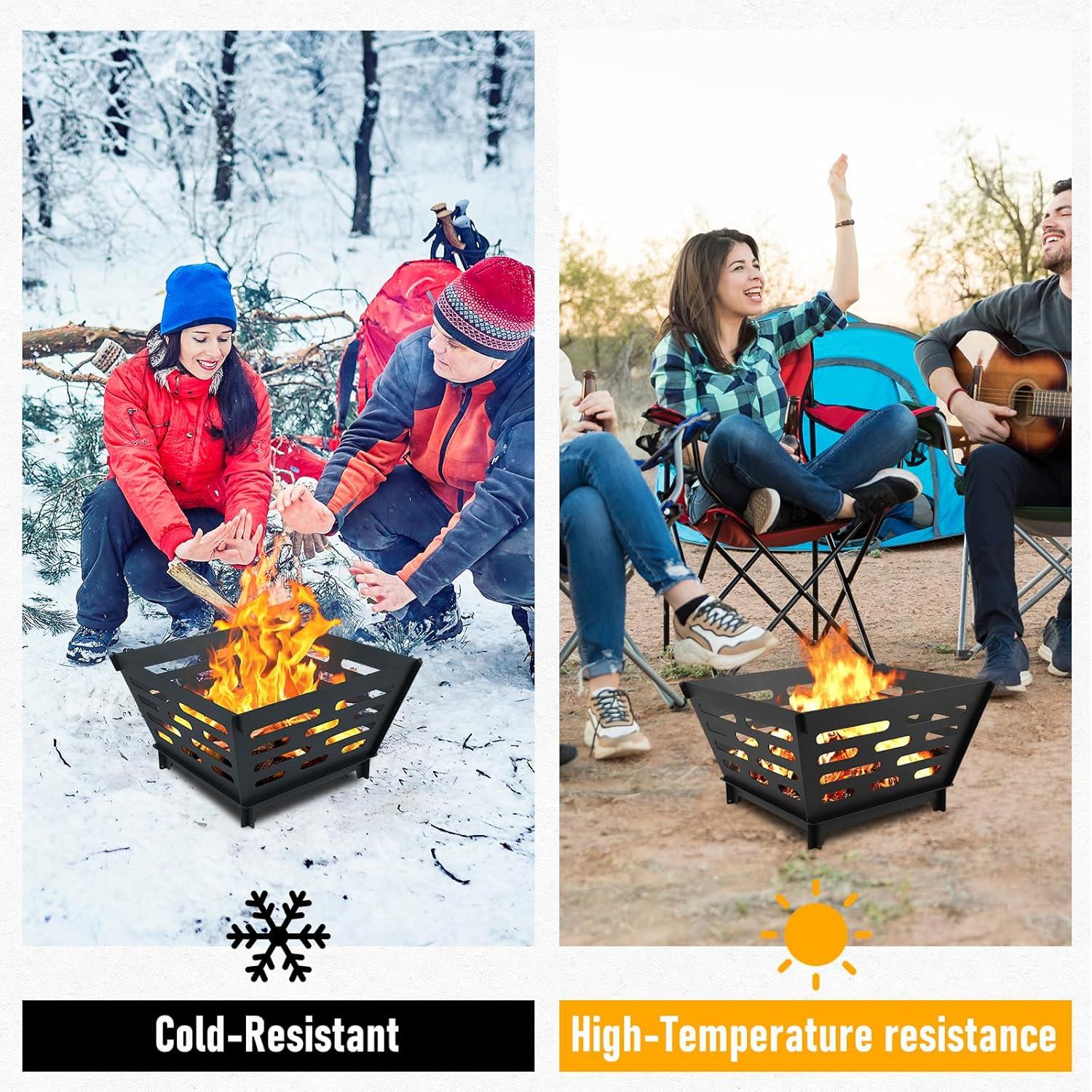 17 Inch Outdoor Camping Fire Pit, Heavy Duty Portable Wood-Burning Fire Pit Stove With Storage Bag For Outdoor Patio, Heating, Picnic, Bonfire And BBQ, Trapezoid Vertical Hollow, Black