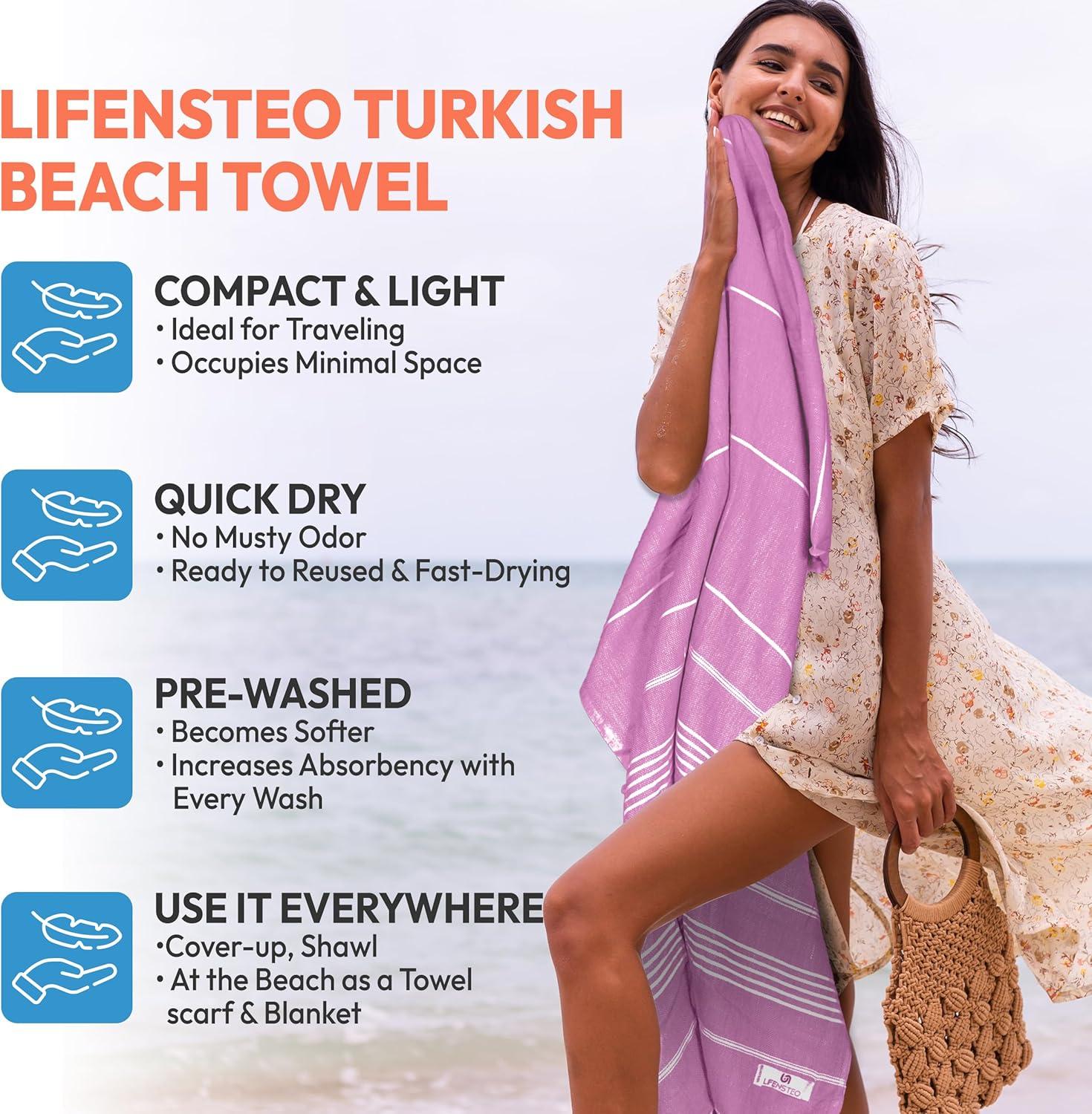Turkish Beach Towel - 40x71 inch Oversized Sand Resistant Prewashed Turkish Towel - 100% Turkish Cotton Quick Drying, Compact, Lightweight Turkish Towel for Beach, Bath, Pool, Gym, Yoga