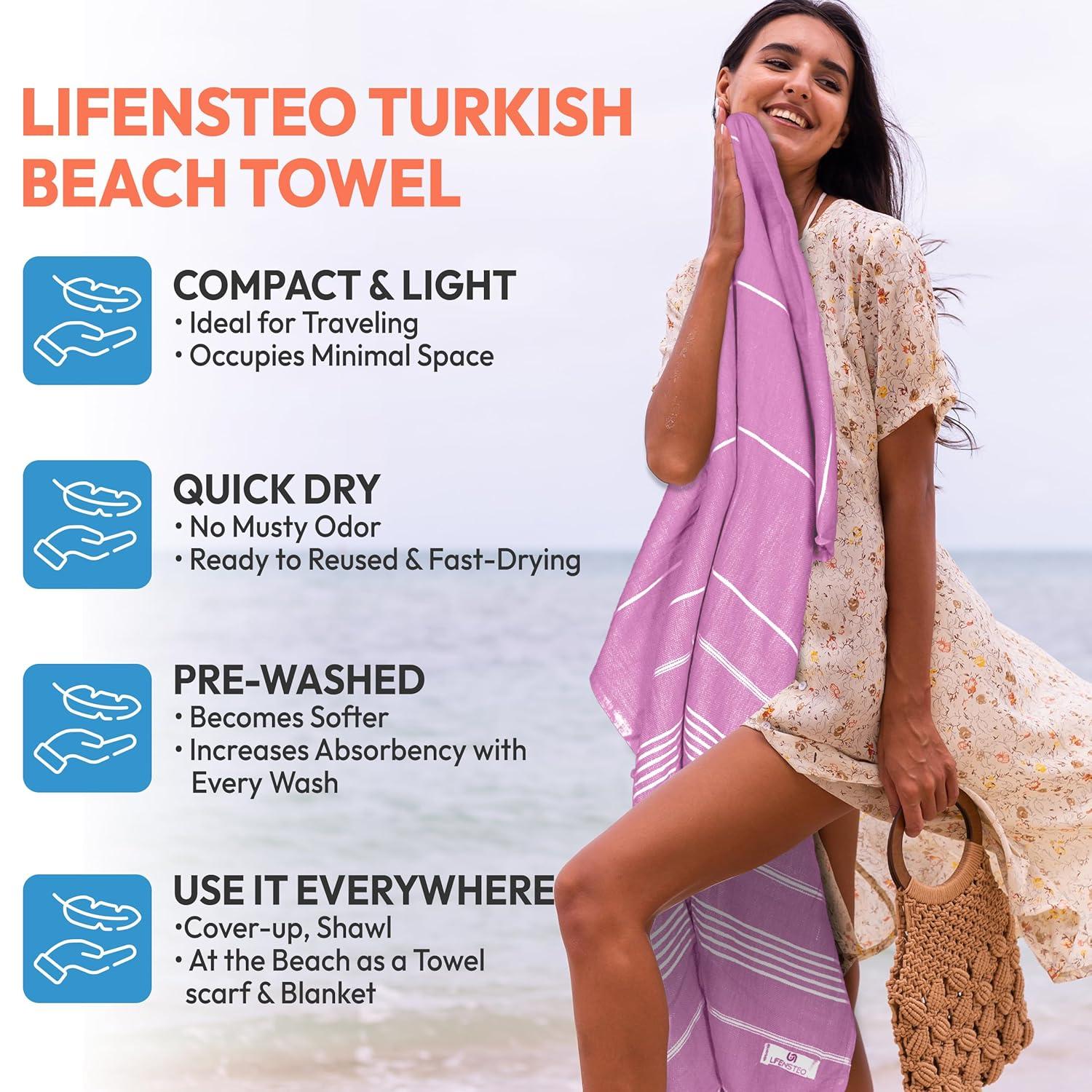 Turkish Beach Towel - 40x71 inch Oversized Sand Resistant Prewashed Turkish Towel - 100% Turkish Cotton Quick Drying, Compact, Lightweight Turkish Towel for Beach, Bath, Pool, Gym, Yoga