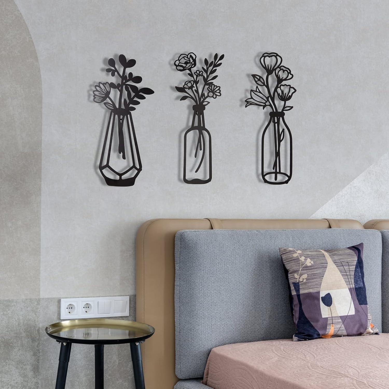 3 Pieces Black Metal Flowers Wall Decor Vase Art Sculptures Hanging for Indoor Kitchen Bathroom Dining Room Patio, 14.56x7.48 Inches