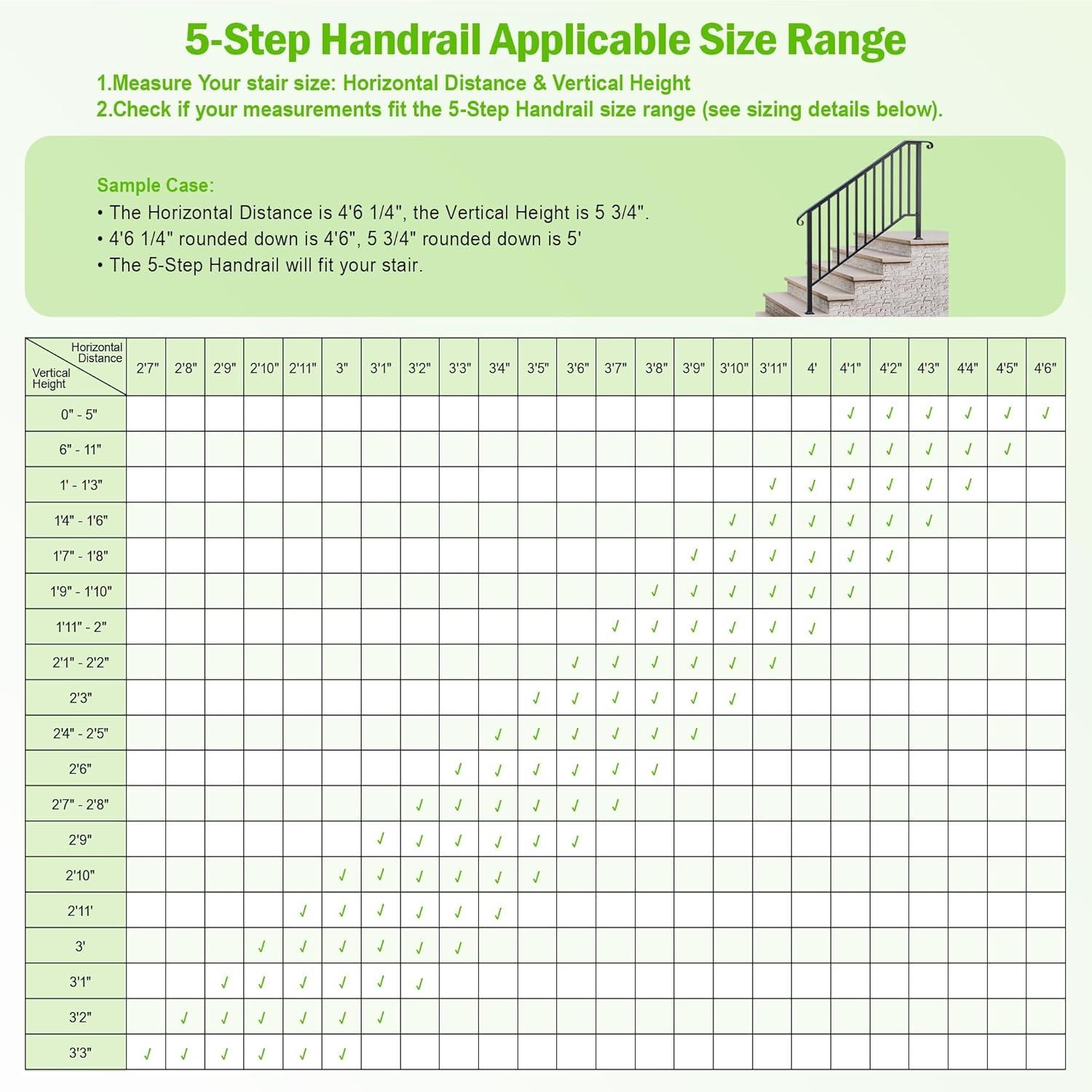 HLL Handrails for Outdoor Steps, Black Wrought Iron Handrail Fits 4 or 5 Steps, Transitional Handrail with Installation Kit, Stair Railing for Concrete Steps or Wooden Stairs