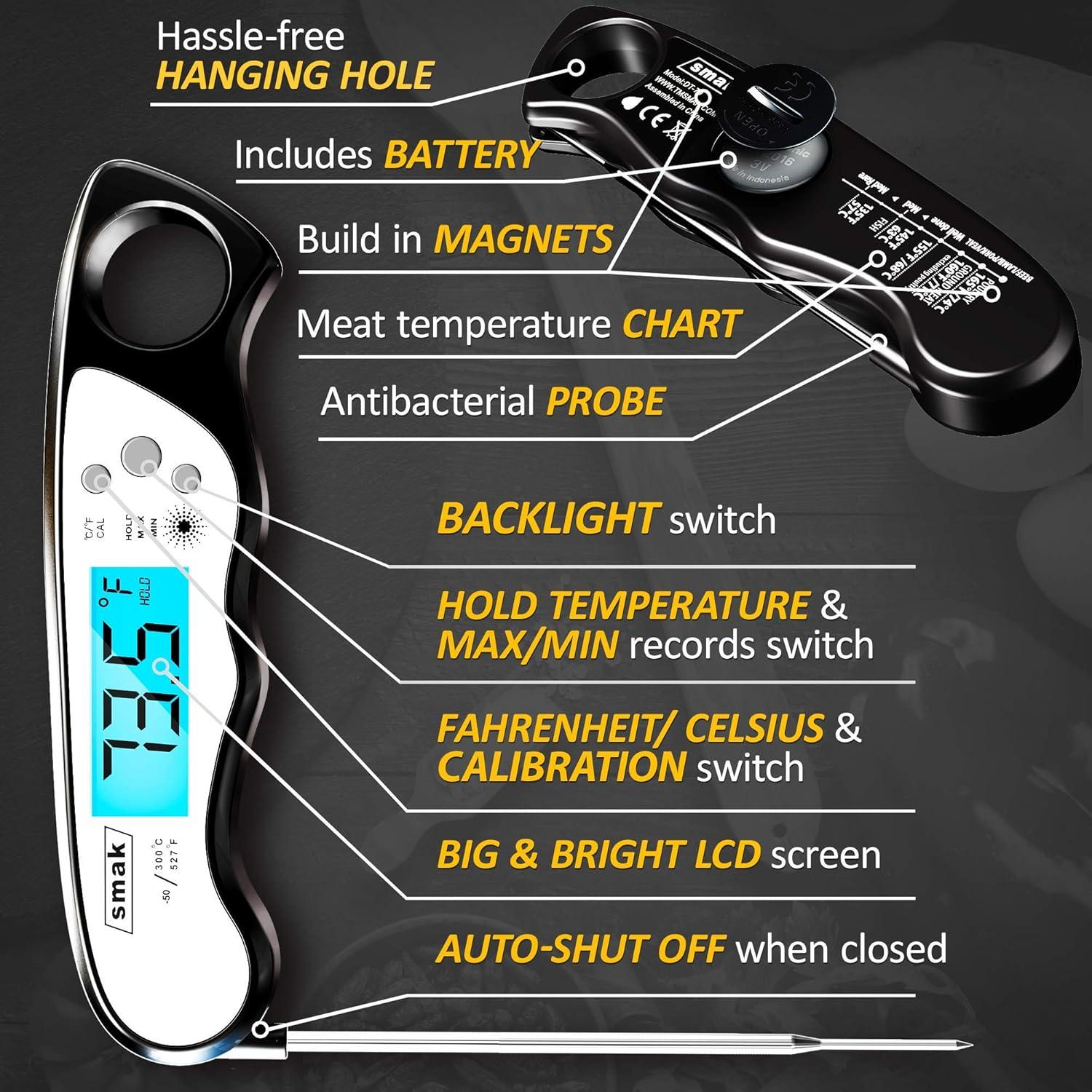 Digital Instant Read Meat Thermometer – Waterproof Kitchen Food Cooking Thermometer with Backlight LCD – Best Ultra-Fast Electric Meat Thermometer Probe for BBQ Smoker Roasting Turkey,Dark Still