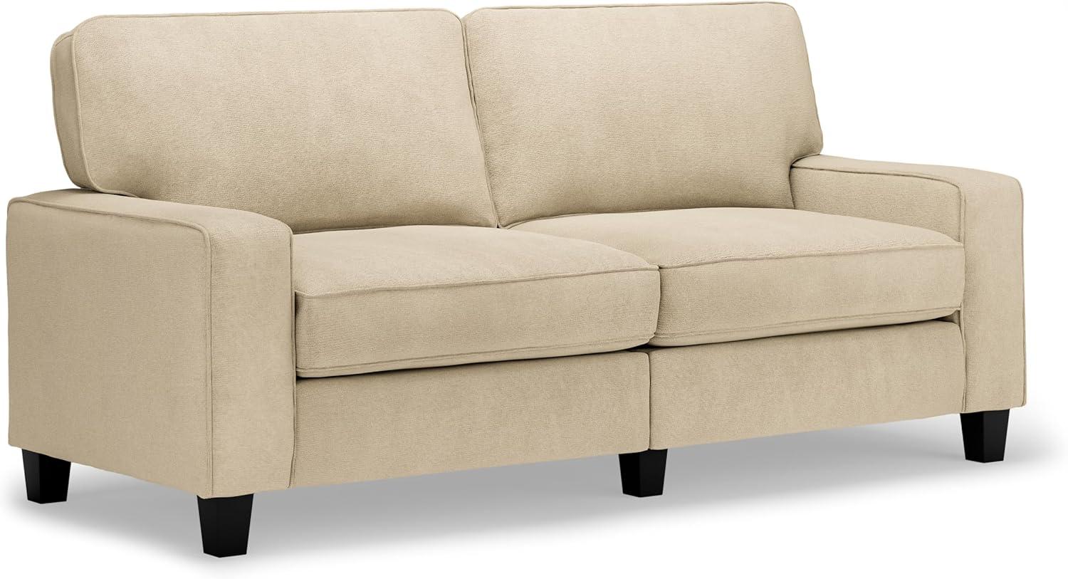 Navarre Beige Leather Track Arm Sofa with Wood Accents and Removable Cushions