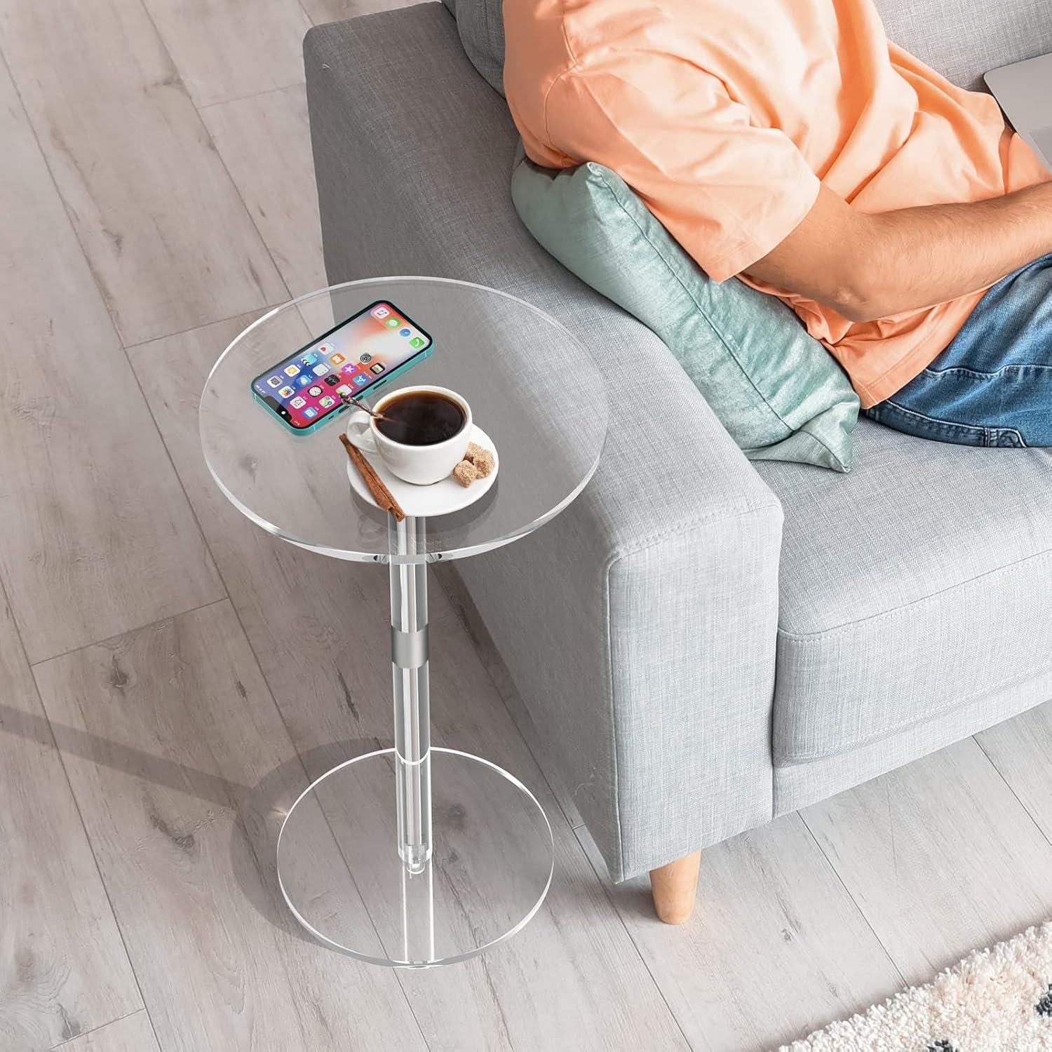 Acrylic End Table, Clear Side Tables for Small Space, 9.8" Round Modern Drink Table for Living Room, Bedroom, Bathroom, Office, Outdoor, Business, Sturdy and Easy to Install