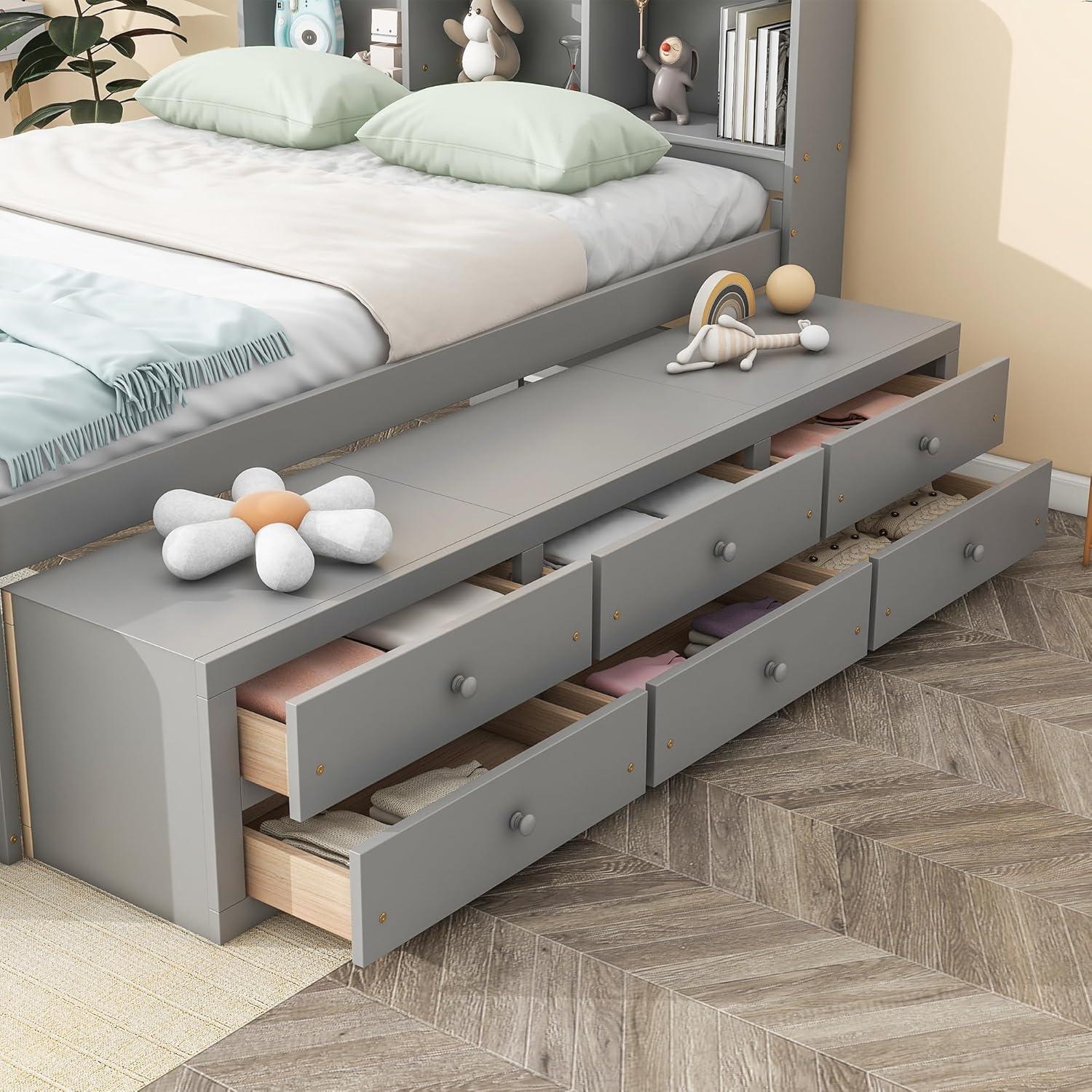 SOFTSEA Full Size Platform Bed with Drawers and Bed End Case, Wood Bed Frame with Storage Headboard, Platform Bed with Storage for Bedroom, No Box Spring Needed, Gray
