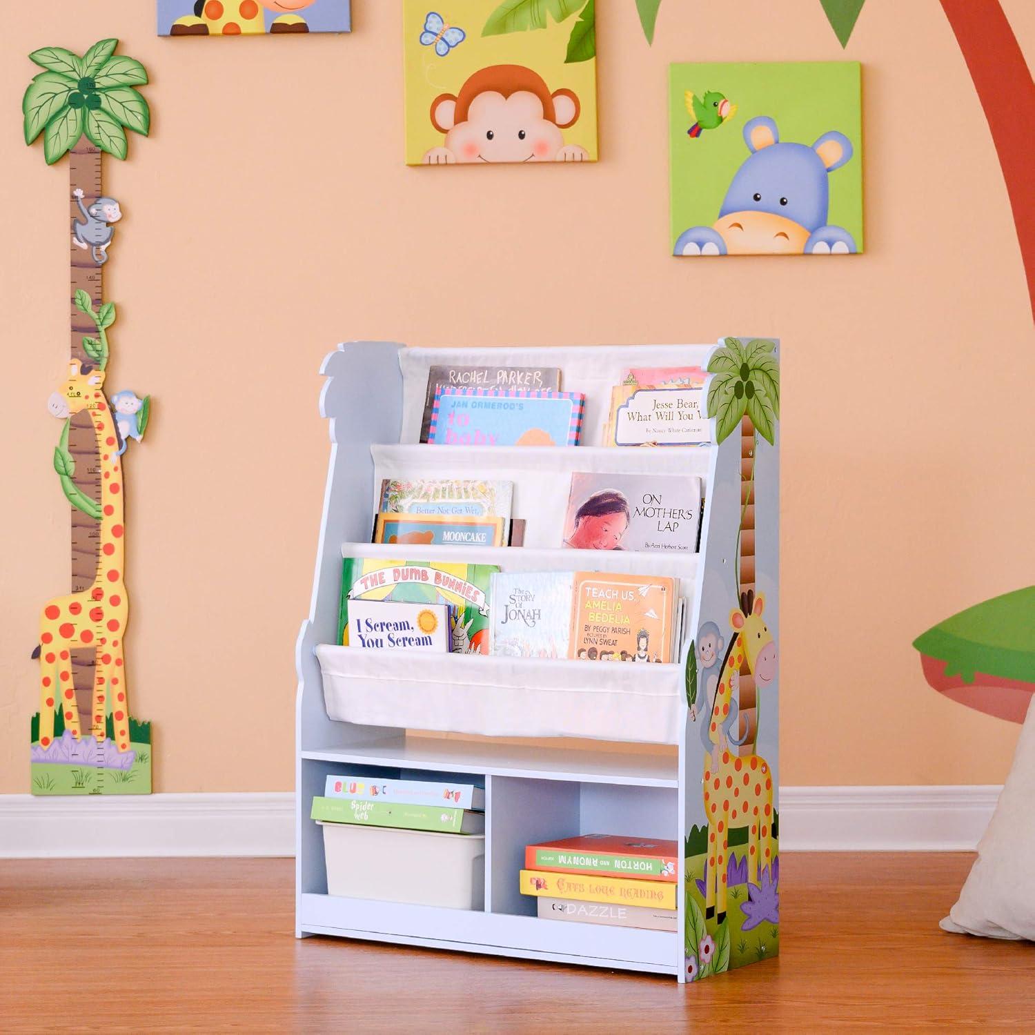 Sunny Safari White Wooden Kids Bookshelf with Cubes