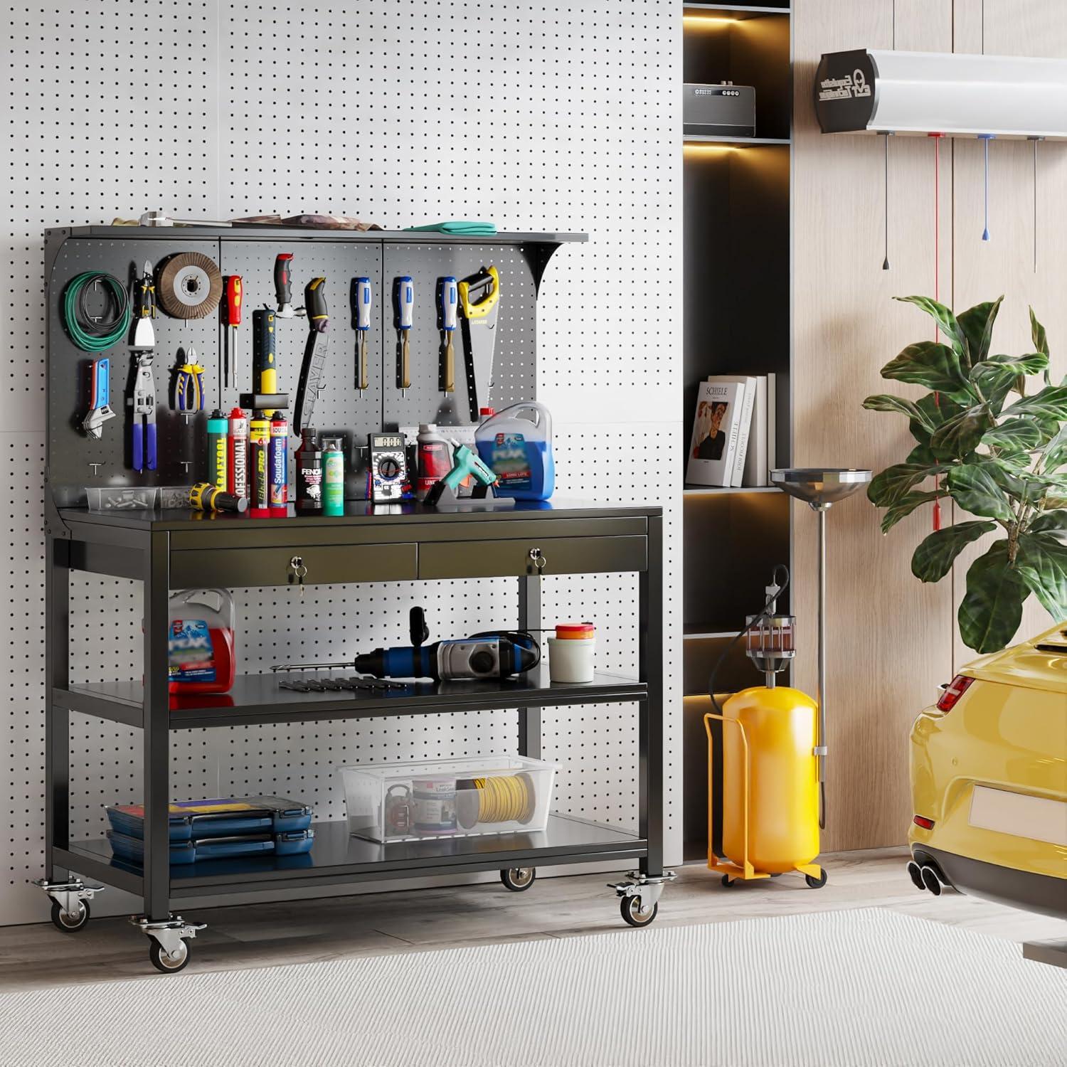 Black Heavy-Duty Steel Garage Workbench with Pegboard and Drawers