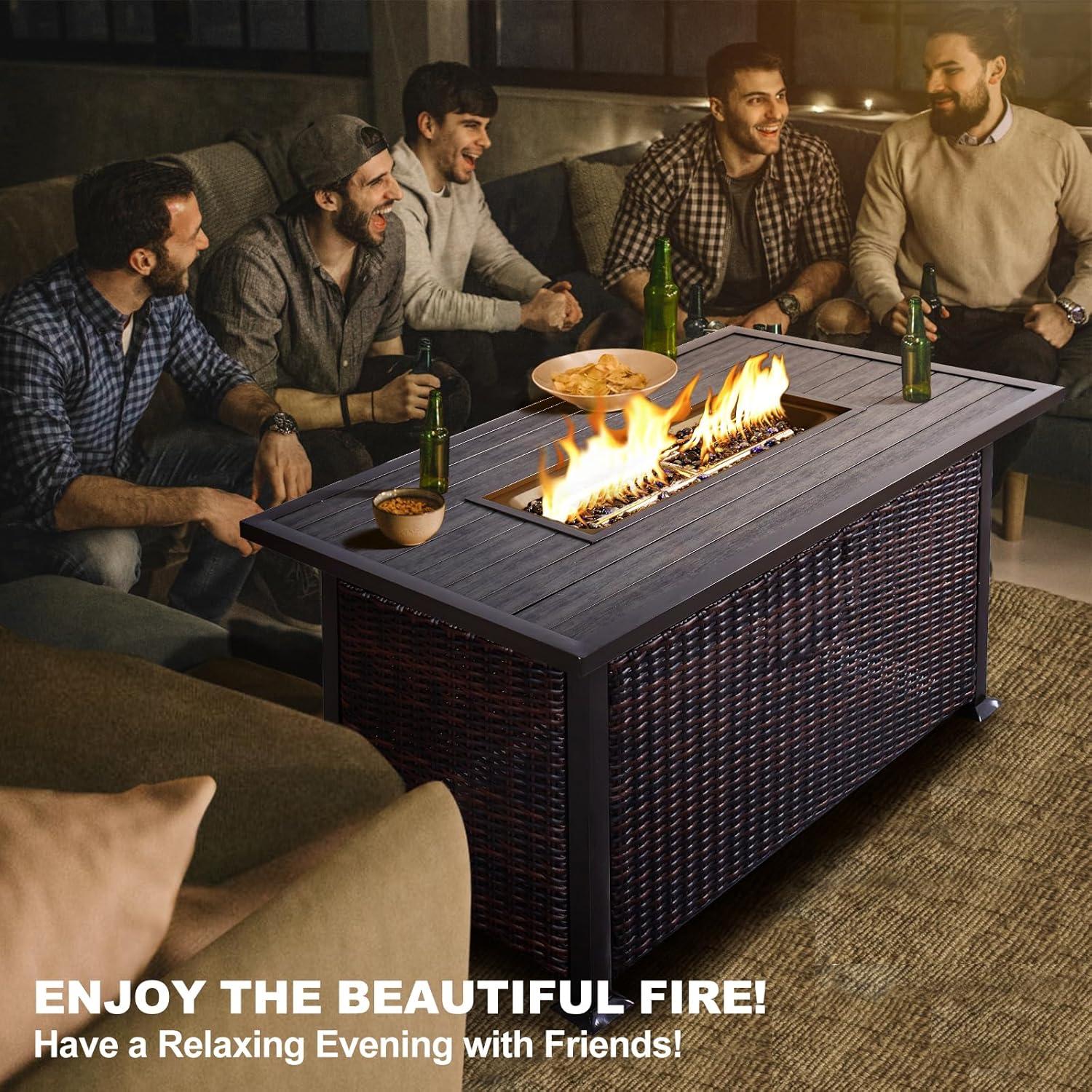 Brown Rectangular Gas Fire Pit Table with Wicker Design