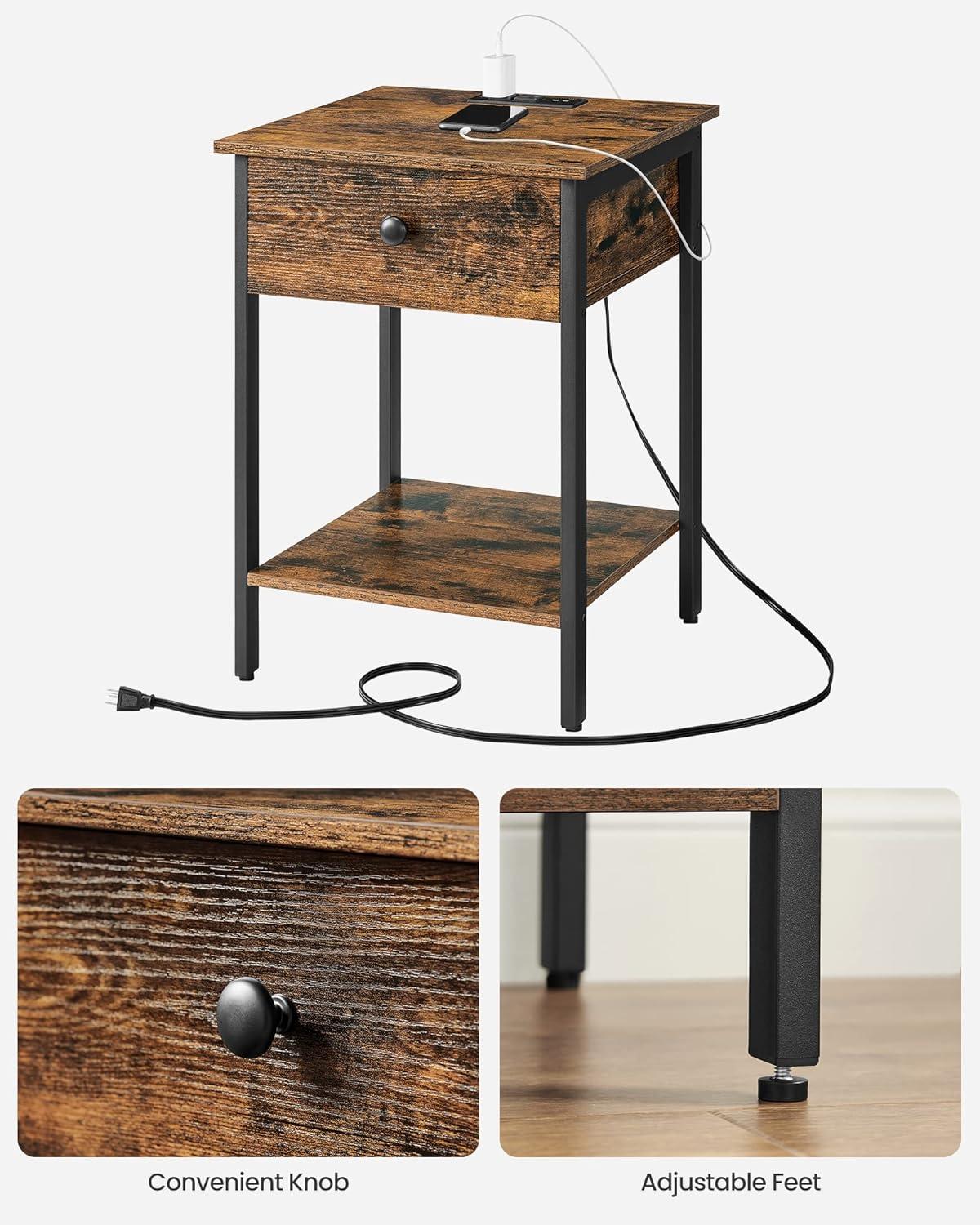 VASAGLE Nightstand with Charging Station, Side Table with Drawer and Open Shelf, End Table, for Bedroom, Easy Assembly, Industrial, Plug-in Series, Rustic Brown and Black ULET513B01