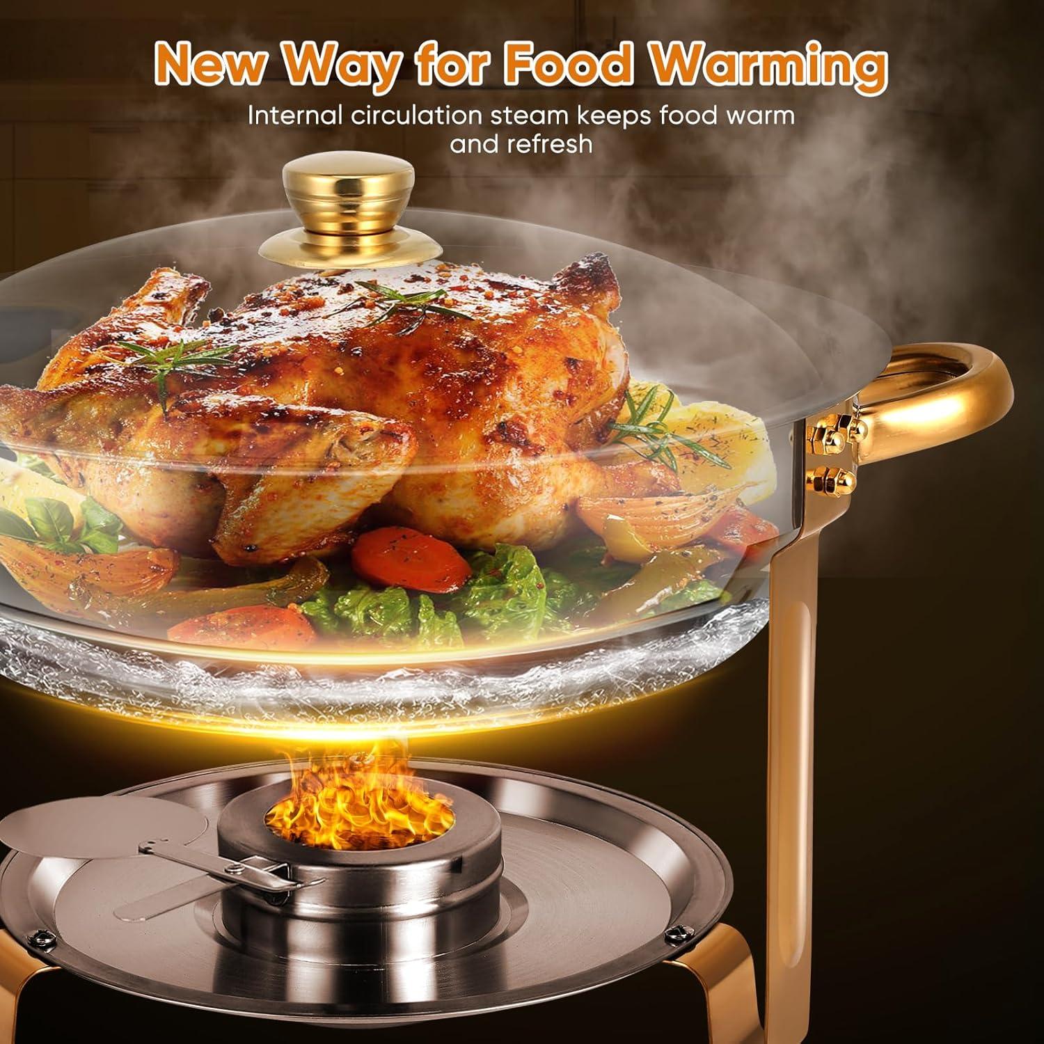 WhizMax Chafing Dish Buffet Set 2 Pack 5QT, Stainless Steel Round Chafing Dishes for Buffet with Lid Holder & Glass Lid, Gold