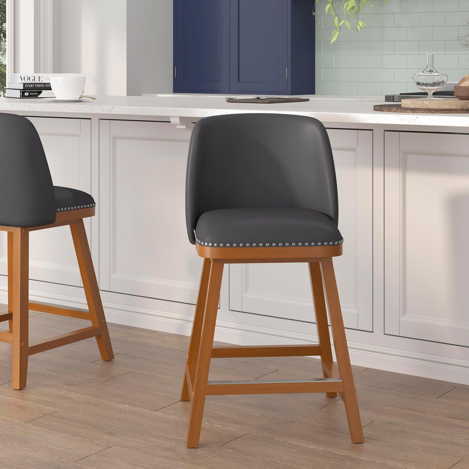 Flash Furniture 2 Pack Commercial Walnut Finish Wood Barstools with Nail Trim-Charcoal Faux Linen