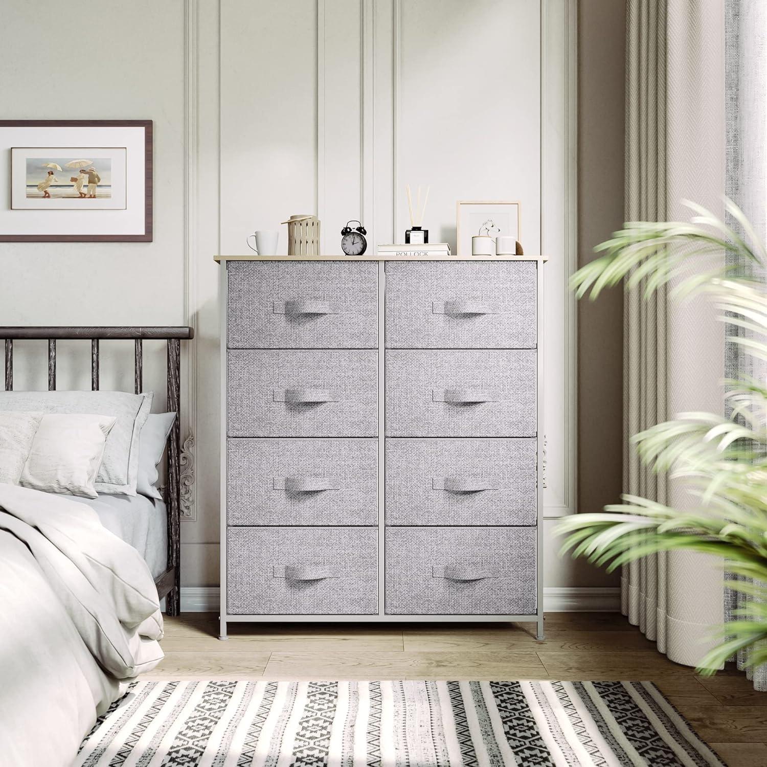 Gray 8-Drawer Fabric Storage Dresser with Wooden Top