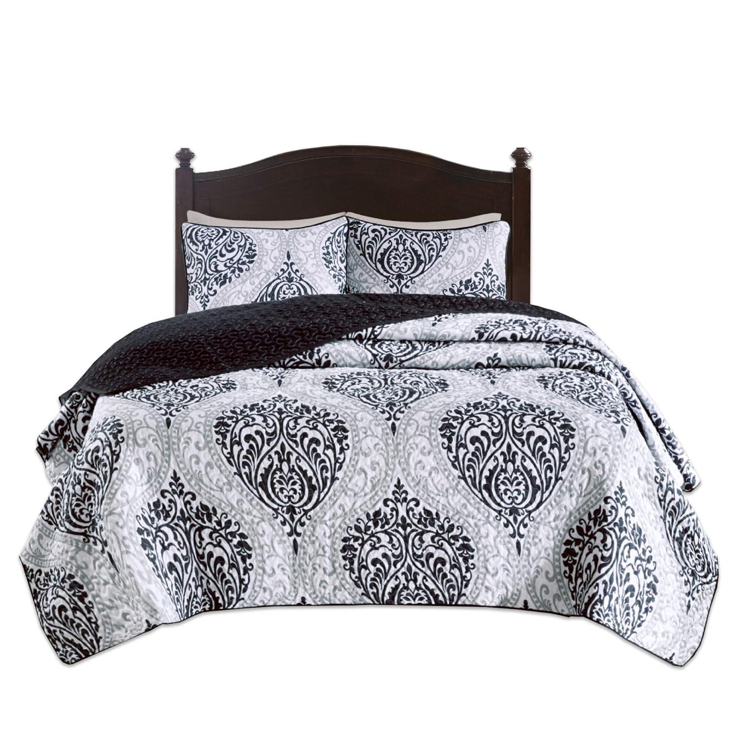 Comfort Spaces Coco 3 Piece Black and White Damask Coverlet Set, Queen | Lightweight Summer