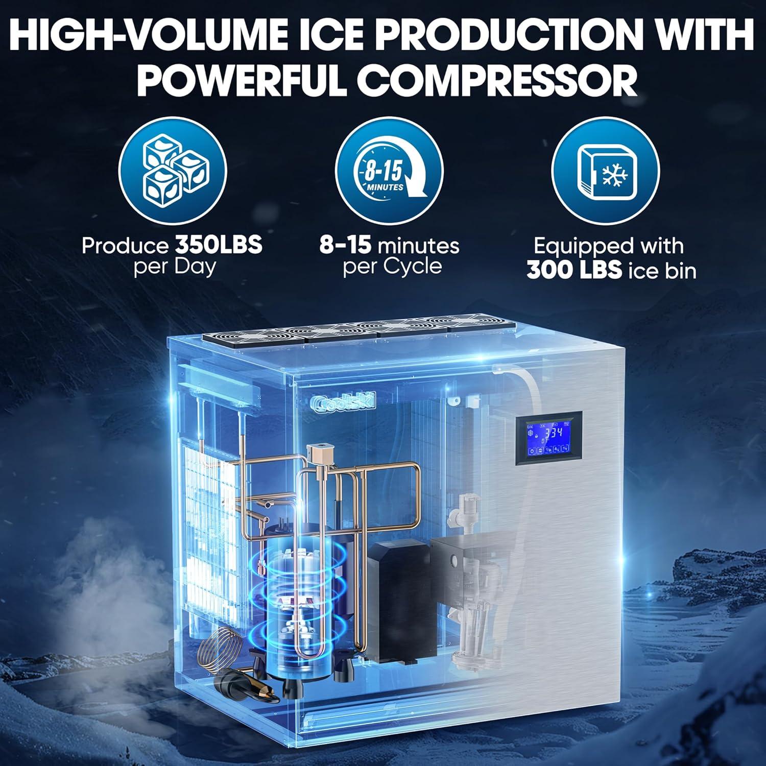 Coolski Coolski Commercial Ice Machine 350 lb. Daily Production Clear Cube Ice, Freestanding Ice Maker For restaurants Bars Hotels, Stainless Steel
