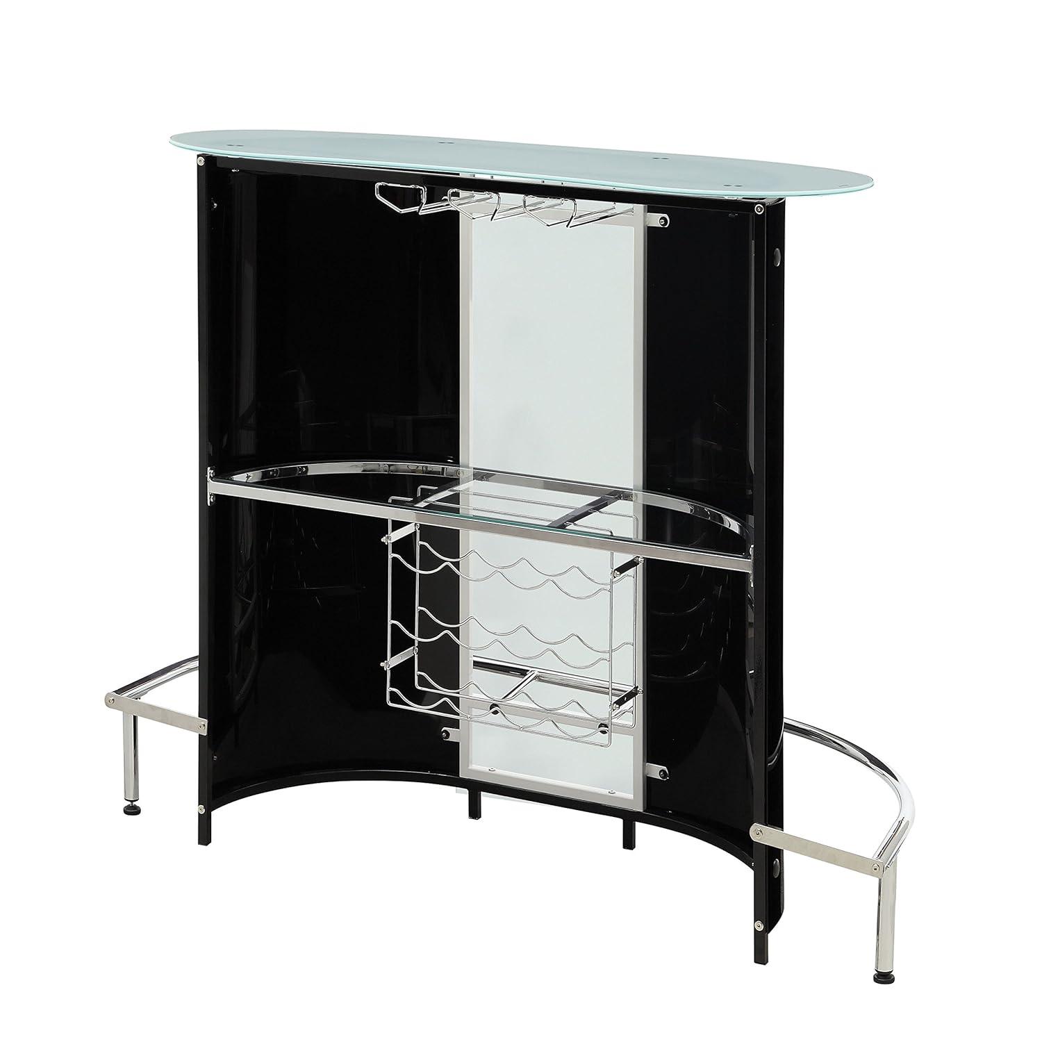 Coaster Company Kidney-Shaped Bar Unit with Frosted Glass Top and Chrome Footrest, Black / White