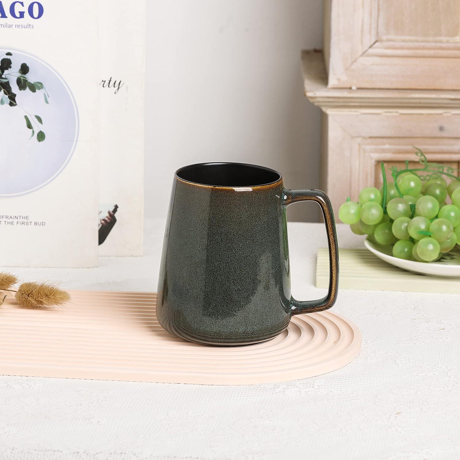 Extra Large Ceramic Coffee Mug with A Big Handle,Jumbo Tea and Coffee Cup for Office and Home,With Spoon and Wooden Lid,Dishwasher and Microwave Safe(Green)