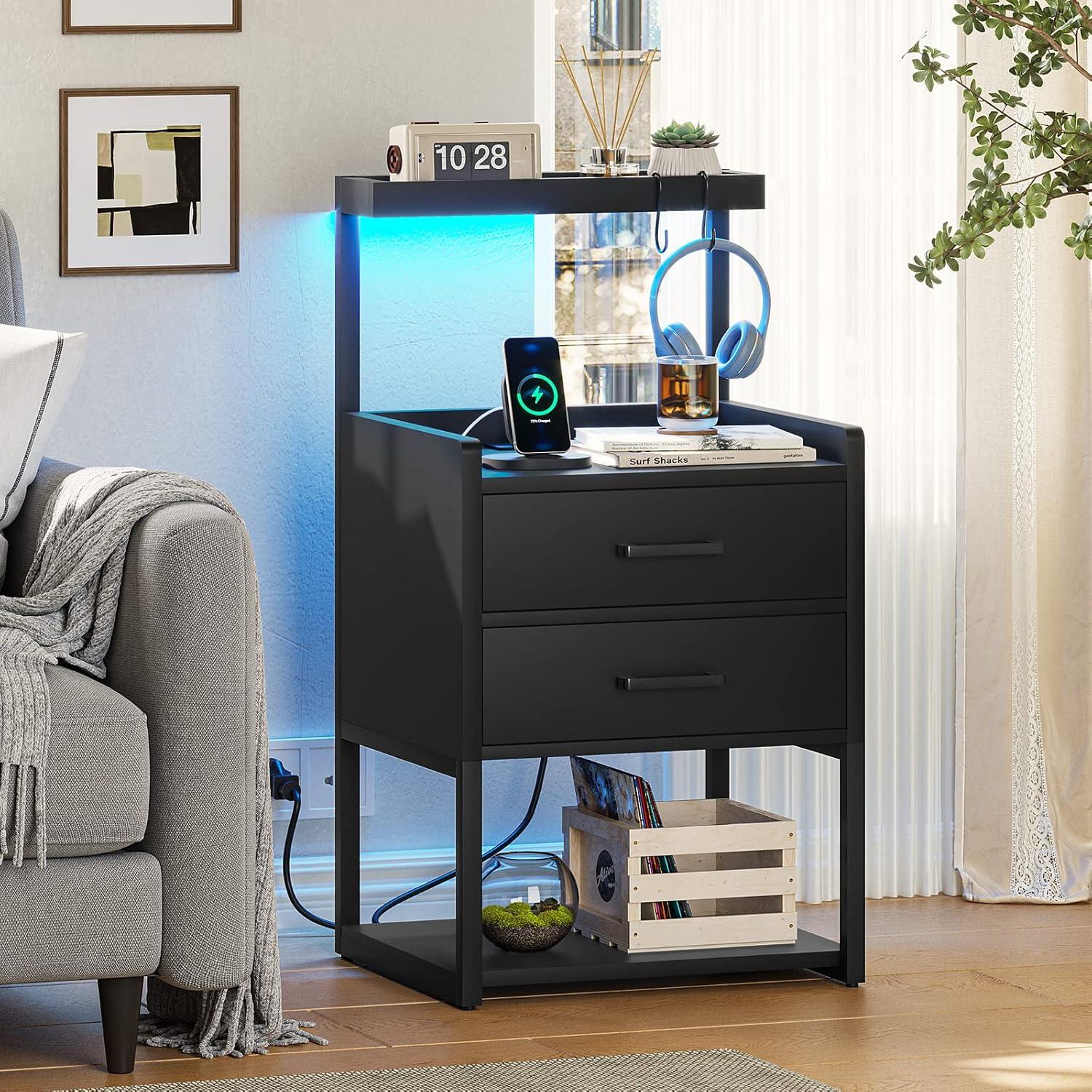 Afuhokles Led Nightstand with Charging Station,2 Drawers Night Stands with Led Lights, Black Bedside Tables with Storage Shelves