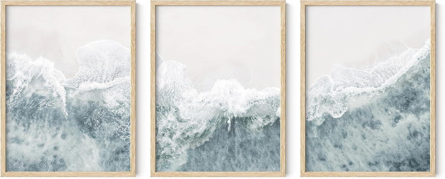 HAUS AND HUES Beach Framed Wall Art - Set of 3 Ocean Wall Decor, Coastal Wall Decor, Wave Framed Wall Art, Beach Art Wall Decor, Beautiful Scenery Wall Art, Ocean Theme (12x16, Beige Framed)