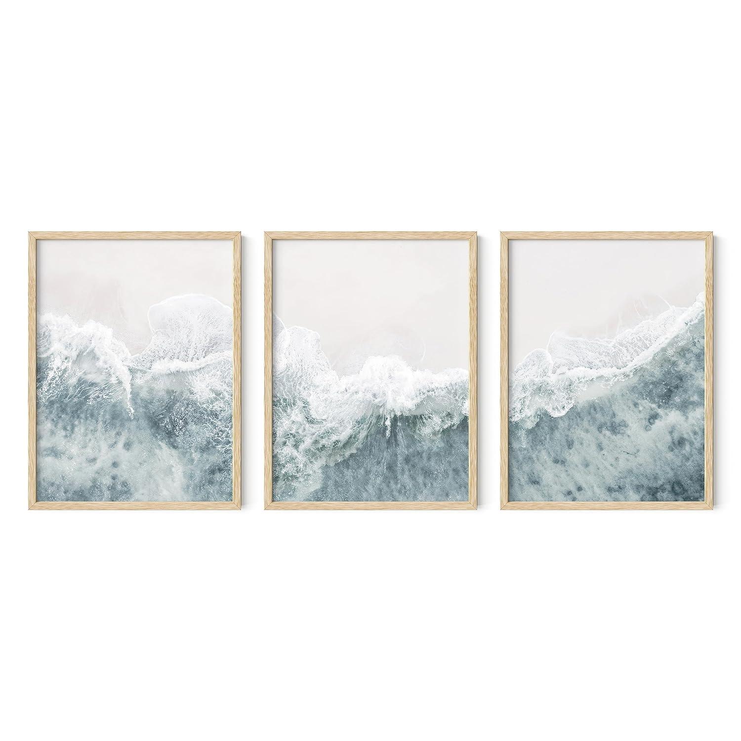 Haus and Hues Beach Wall Decor - Set of 3 Beach Pictures Wall Art, Ocean Wall Art, Coastal Wall Art, Nature Wall Art, Modern Wall Art, Beach Poster, Framed Wall Art For Living Room(Framed Beige 12x16)