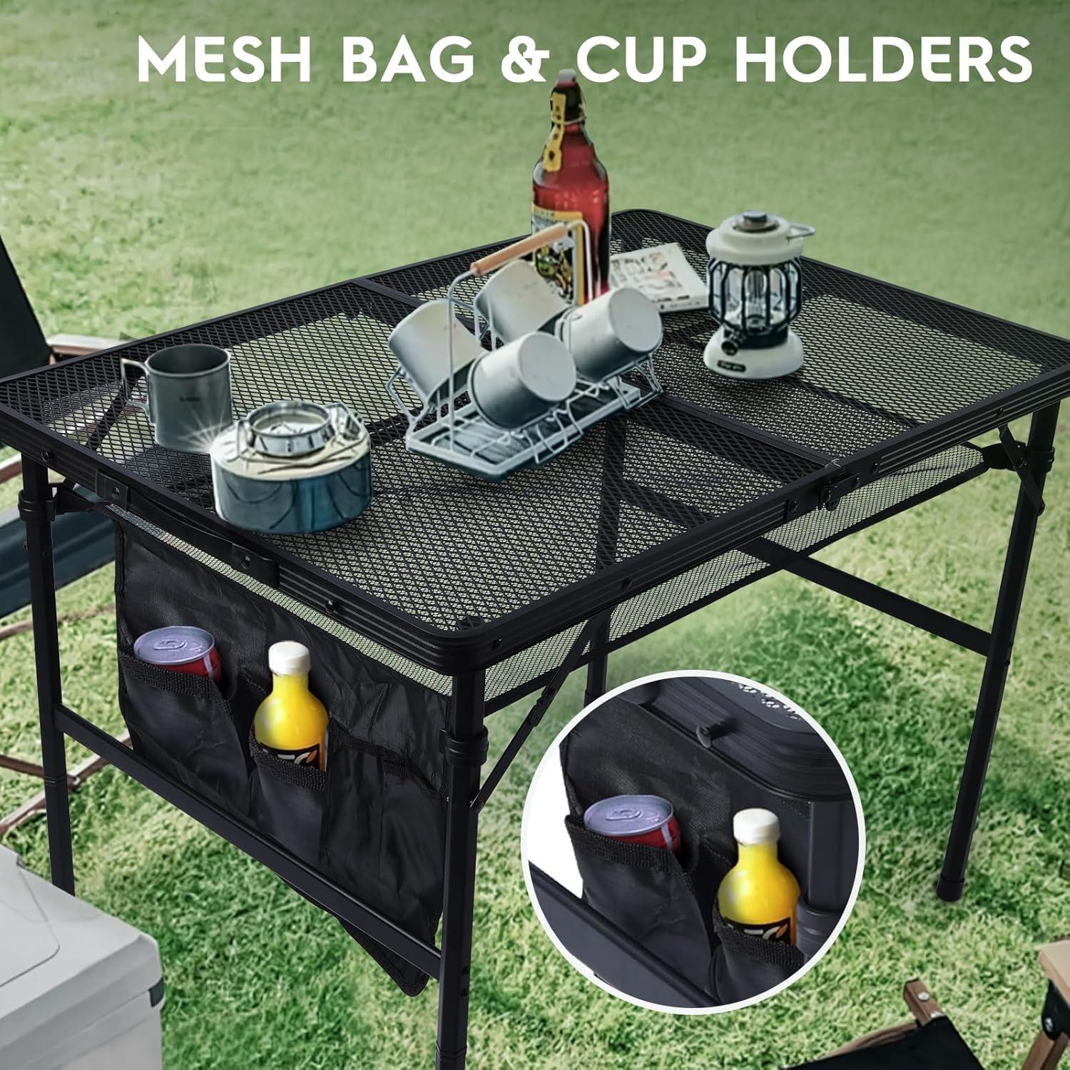 Black Adjustable Height Folding Grill Table with Metal Mesh