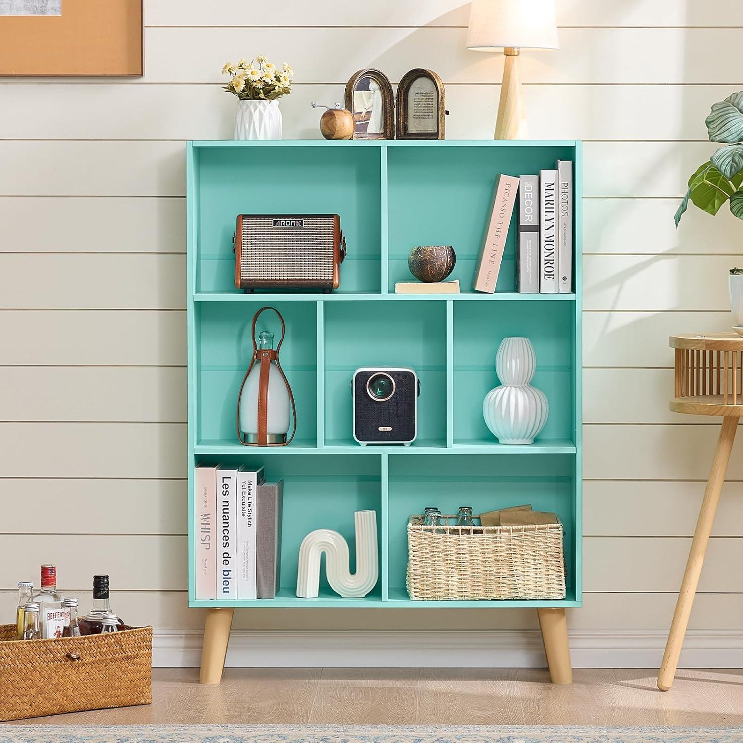 Satiny 7 Cube Bookshelf 3-Tier Bookcase with Legs, Mint-Green Kids Book Shelf Cute Storage Organizer, Toy Shelves Bookshelves,Wood Display Bookcases