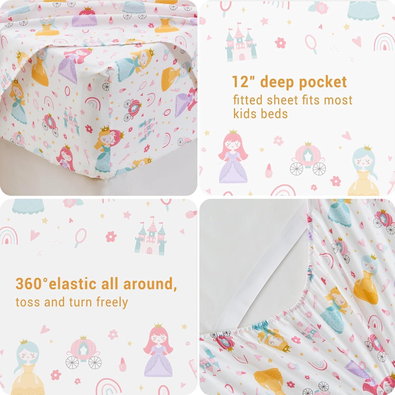 Softan Kids Bed Sheet Set, Girls Twin Size Sheets, Microfiber Fitted Sheet and Pillowcase, Breathable and Silky Soft, 3 Piece Castle Princess Printed Twin Bed Sheet