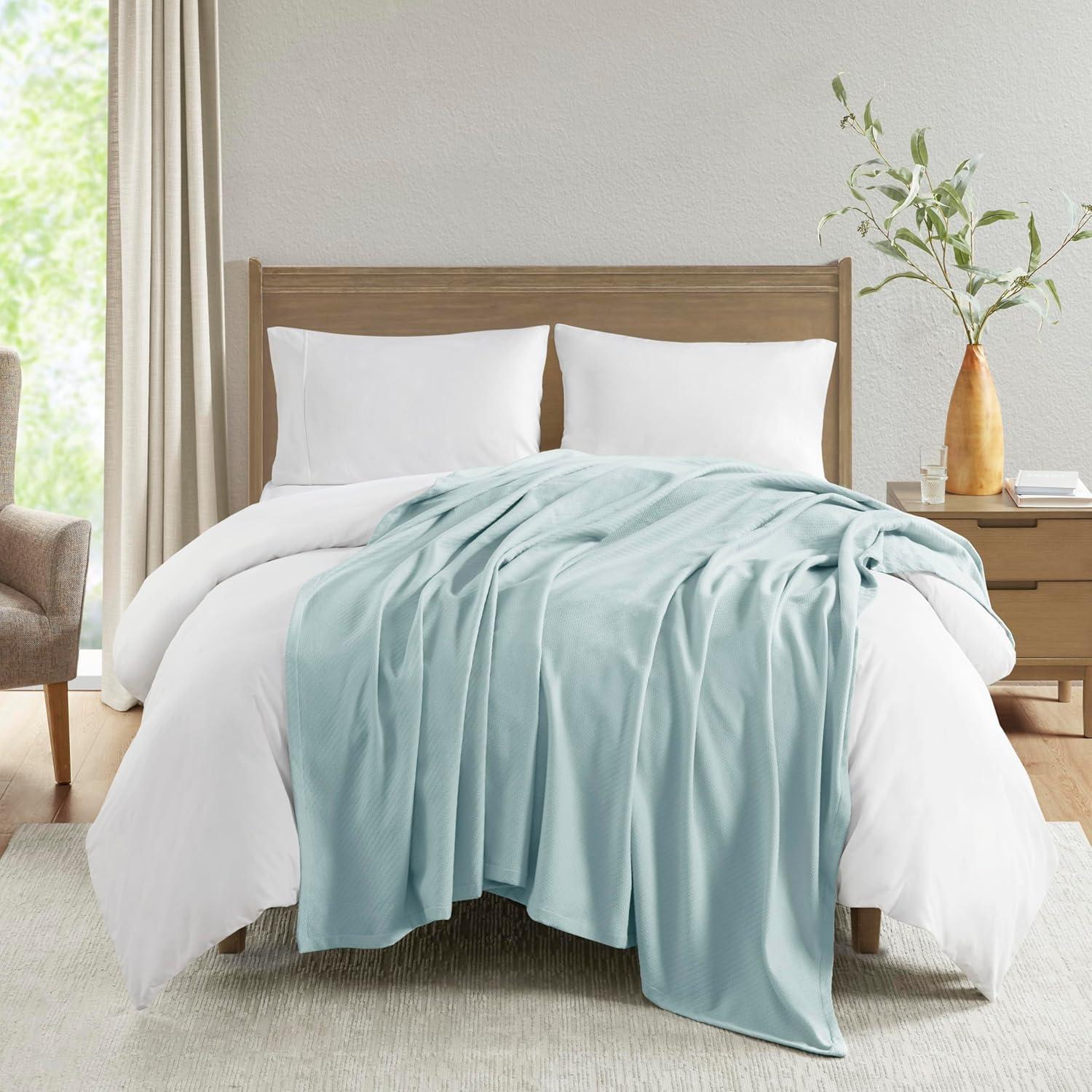 Madison Park Bed Blanket Liquid Cotton Full/Queen Light Blue: Machine Washable, No Fill, OEKO-TEX Certified