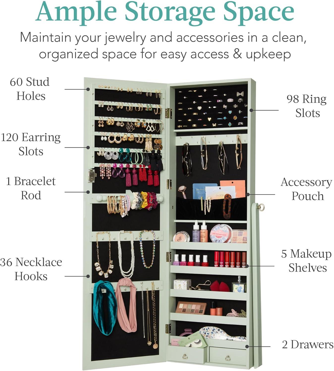 Best Choice Products Jewelry Armoire Cabinet, Full Length Mirror w/ Velvet Storage Interior, Lock - Sage