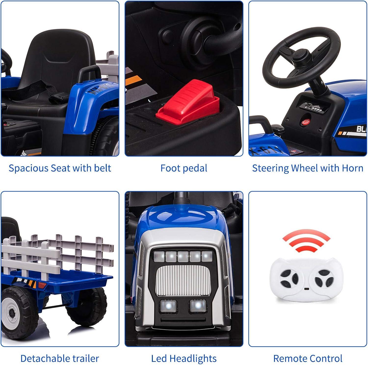 12V Blue Kids Ride-On Tractor with Trailer and Remote