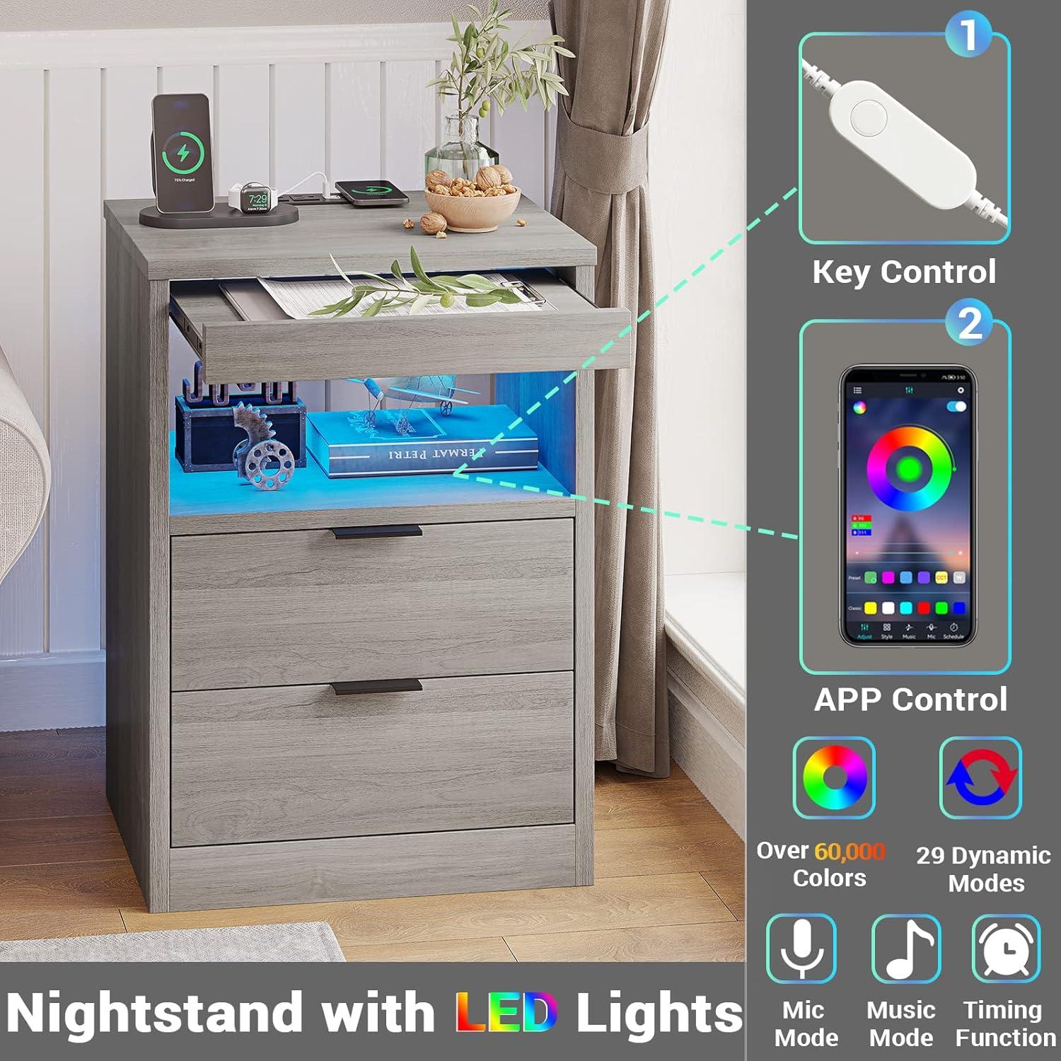Exlonjet Black Nightstand with Wireless Charging Station and LED Lights, Bedside Table with 2 Drawers, Open Storage, 1 Pull-Out Tray, End Side Table with Charging Station, LED Night Stand with Storage