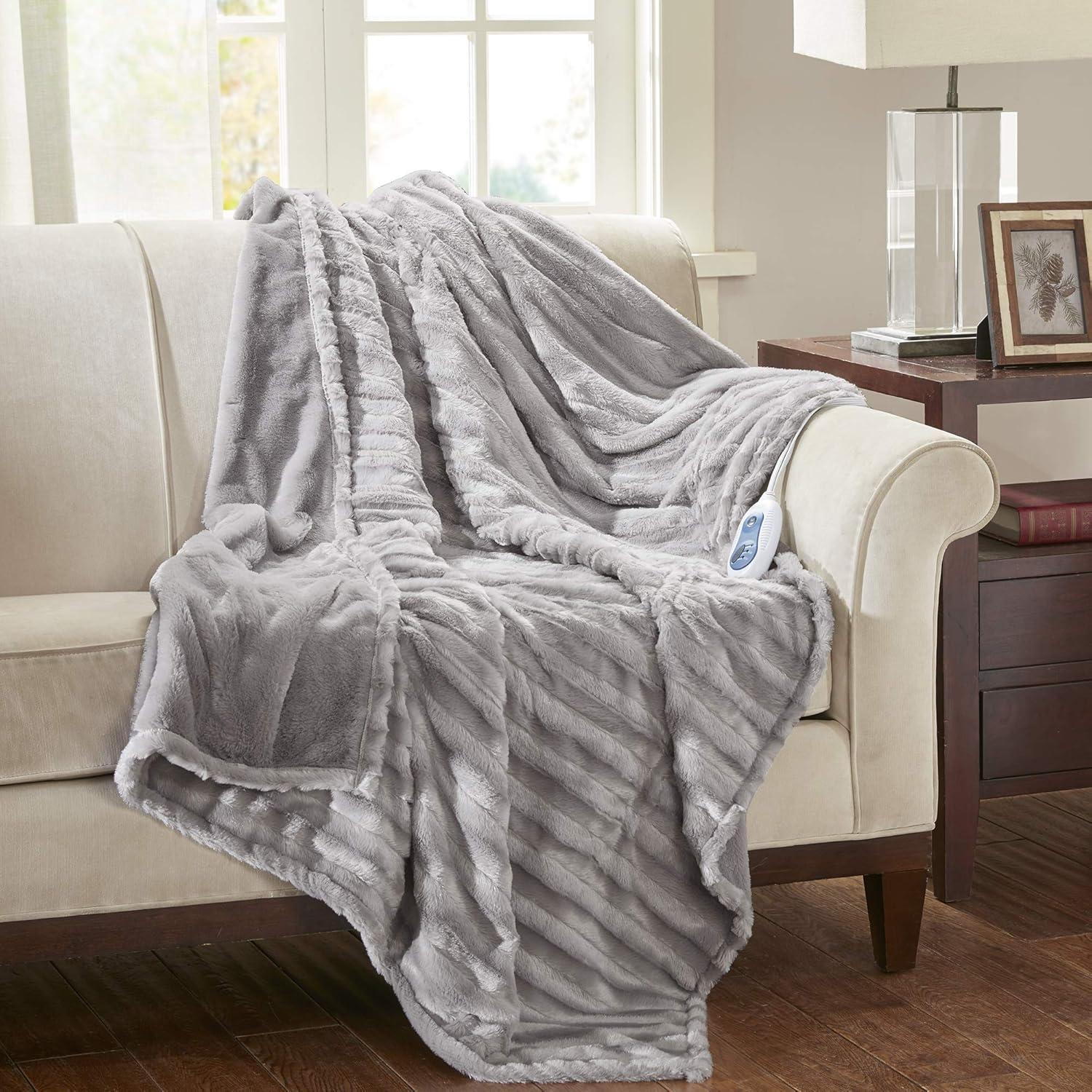 Beautyrest Oversized Faux Fur Electric Heated Throw, 50x70", Grey