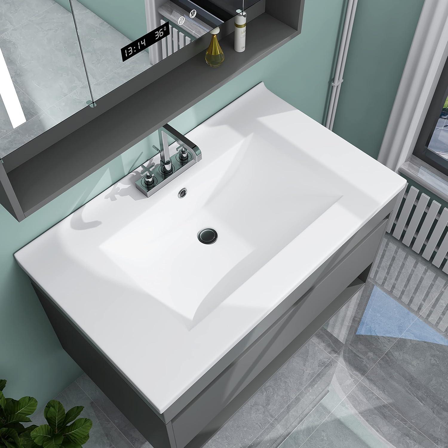 MEJE 30x18 inch Drop in Rectanglar 3 Holes Bathroom Sink, Vanity Top Only, White Glossy Finish