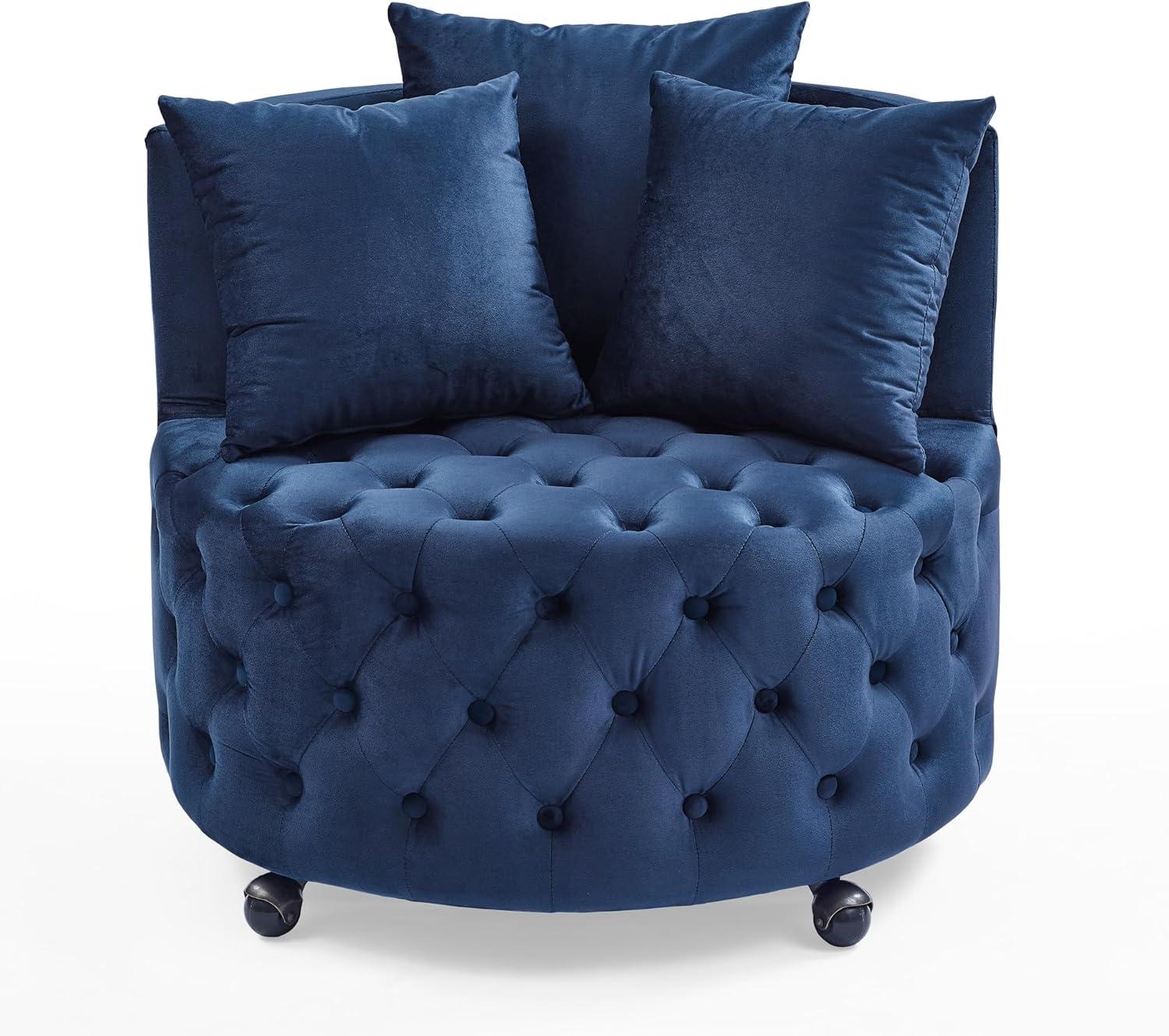 Velvet Upholstered Swivel Chair with 4 Universal Caster Wheels, Wooden Button Tufted Design Single Sofa Chair with 3 Pillows for Apartment, Office, Living Room & Bedroom (Blue)