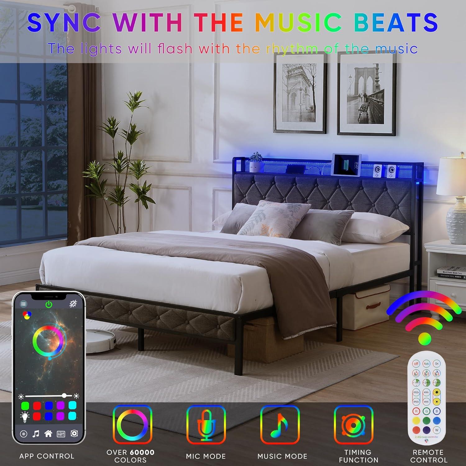 GeeHome Full Bed Frame with Storage Headboard, Charging Station and LED Lights, Upholstered Platform Bed with Heavy Metal Slats, No Box Spring Needed, Noise Free, Easy Assembly, Dark Gray