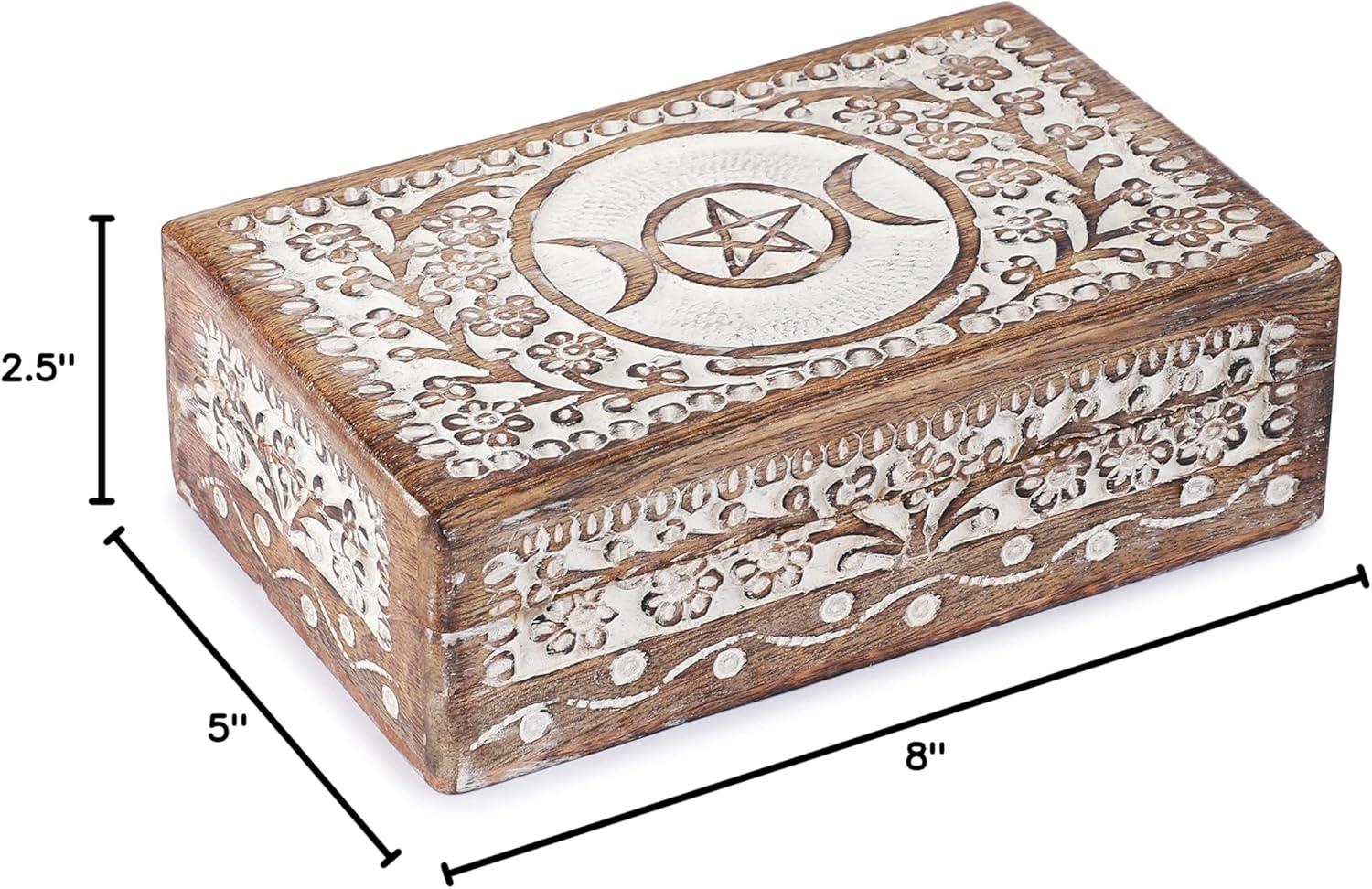 Ajuny Wooden Hand Carved Decorative Jewelry Storage Box with Moon Star Flower Carvings