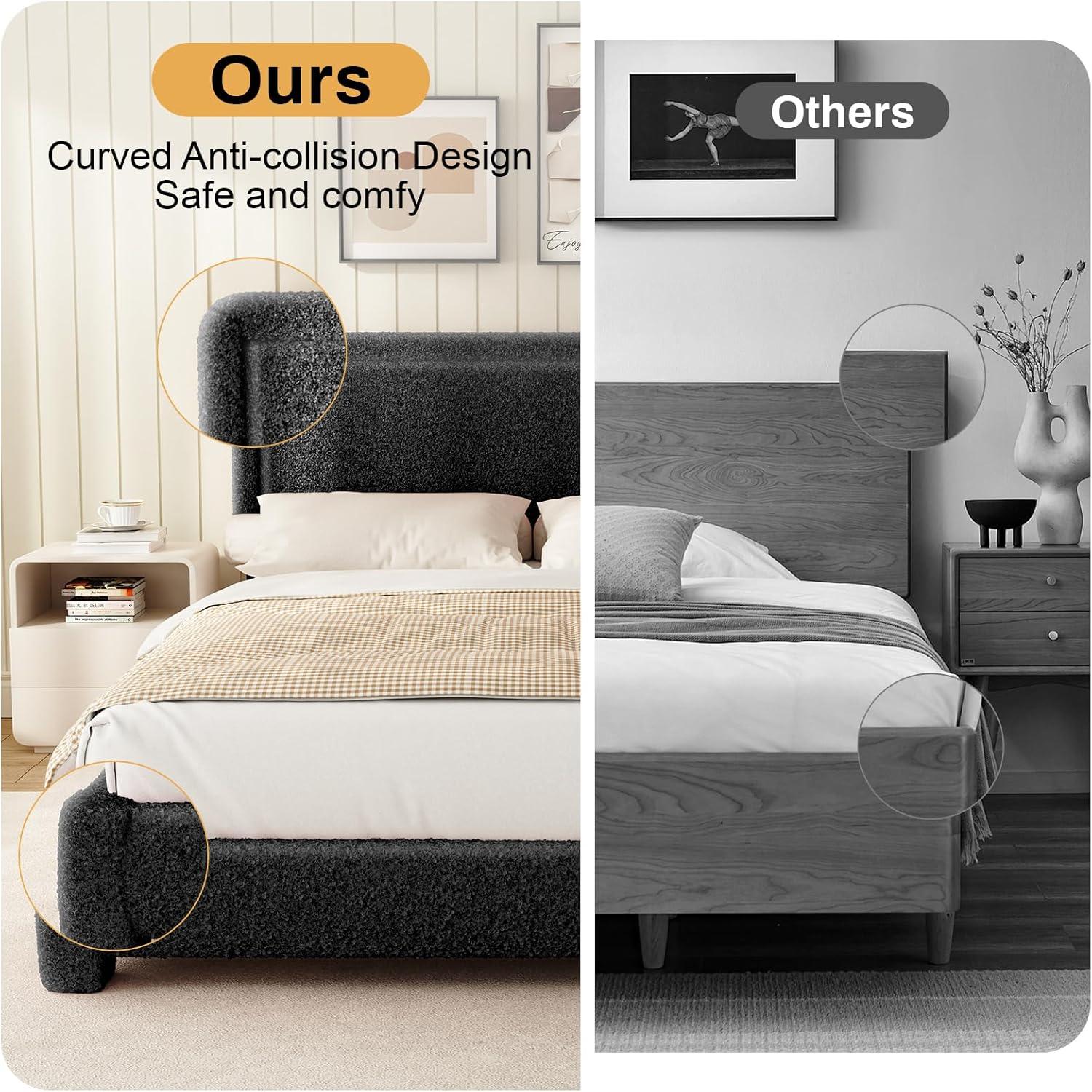 Queen Size Boucle Bed Frame, Upholstered Cloud Bed Frame with Adjustable Headboard, Soft Rounded Corners, No Box Spring Required, Easy Assembly, Black