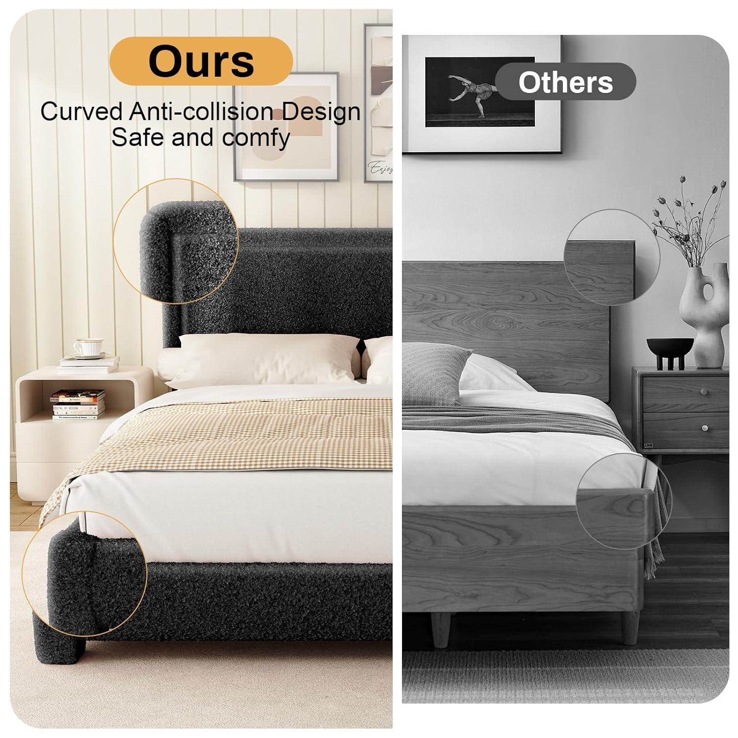 Queen Size Boucle Bed Frame, Upholstered Cloud Bed Frame with Adjustable Headboard, Soft Rounded Corners, No Box Spring Required, Easy Assembly, Black