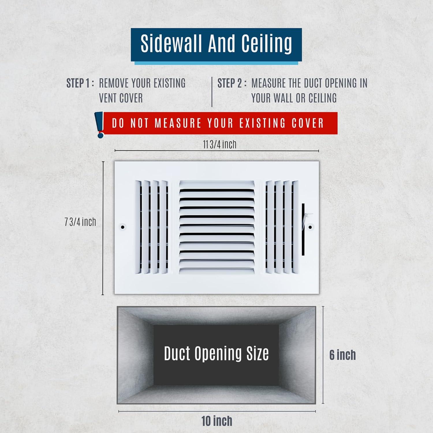 Fits 10x6 Duct Opening 3 WAY Steel Air Supply Diffuser by Handua | Register Vent Cover Grill for Sidewall and Ceiling | White | Outer Dimensions: 11.75" X 7.75"